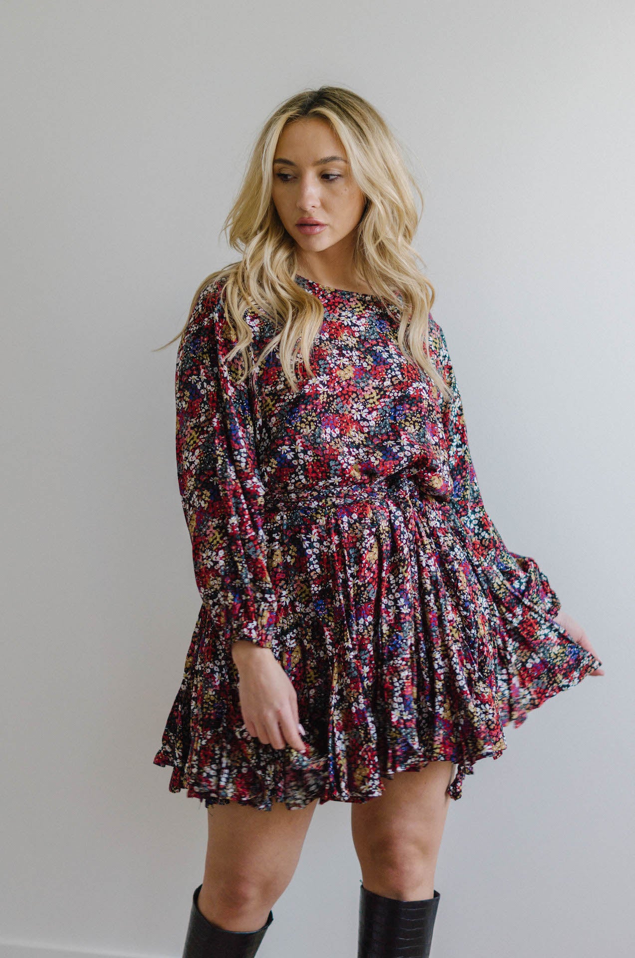 chinese dress ladies LUE Multicolor Floral Pleated Mini Dress S