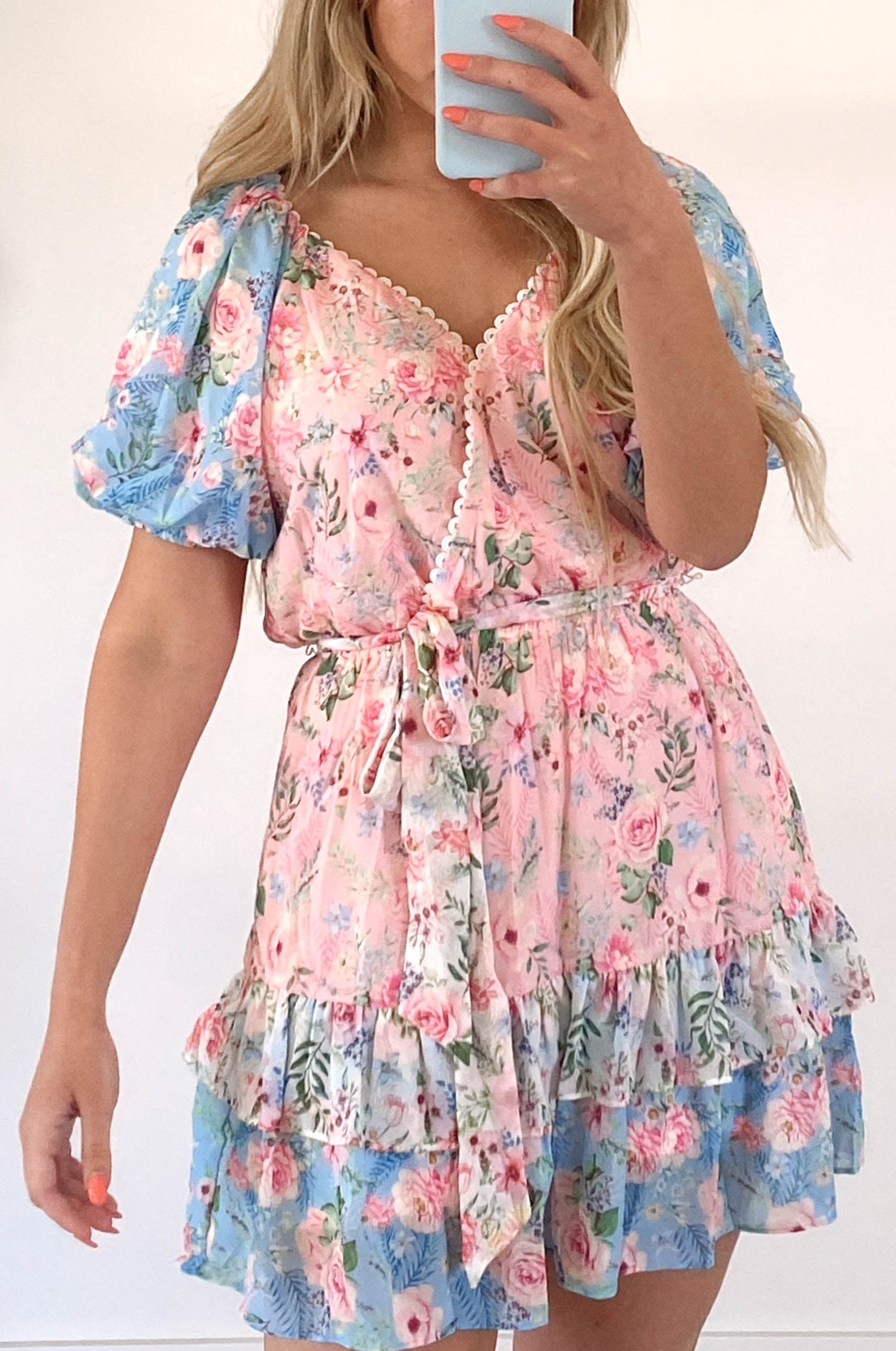 cute girly floral dress with pink and blue print