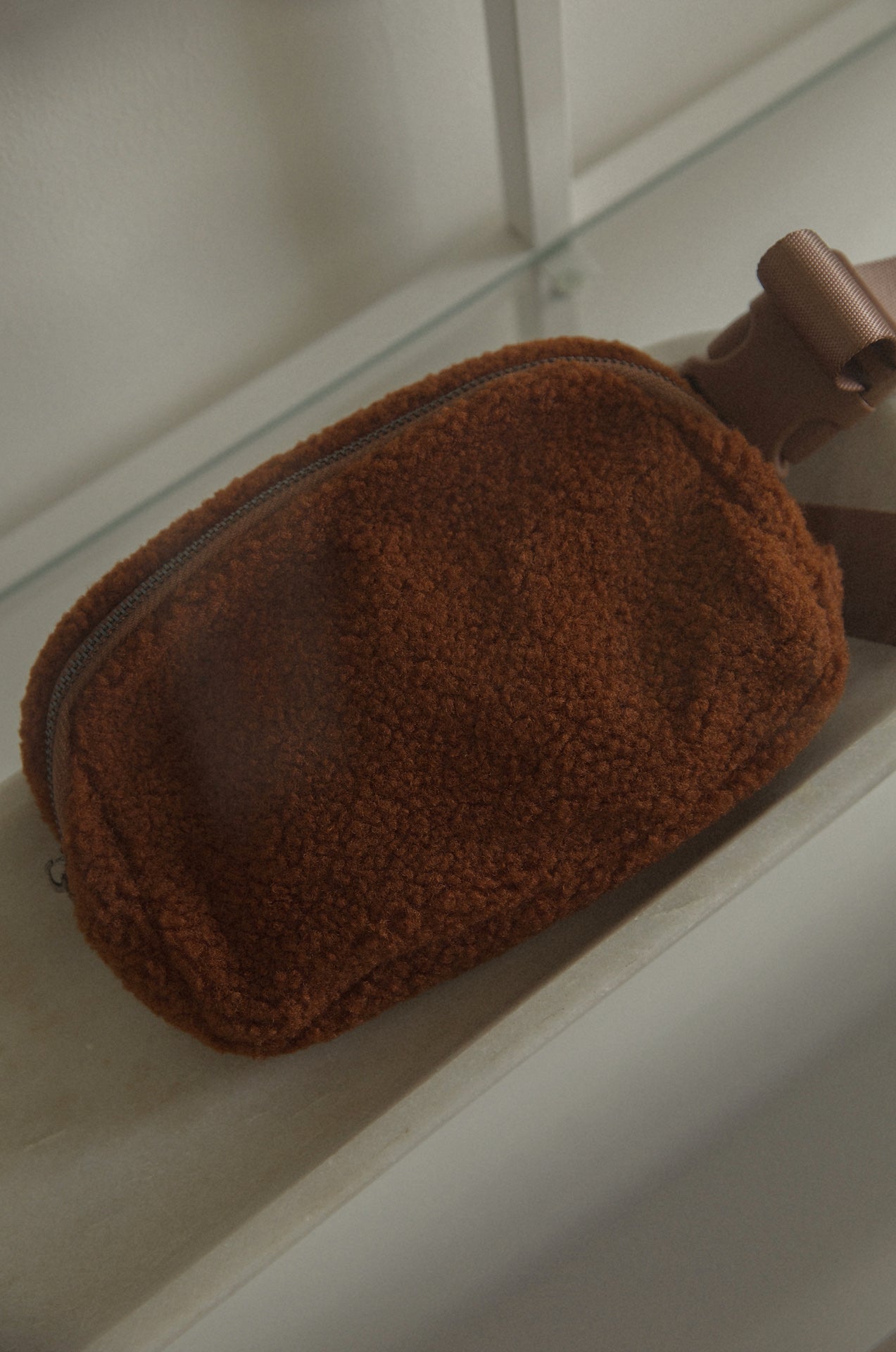 brown sherpa fleece crossbody belt bag