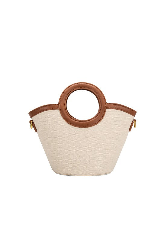 melie bianco beige canvas handbag with brown leather lining