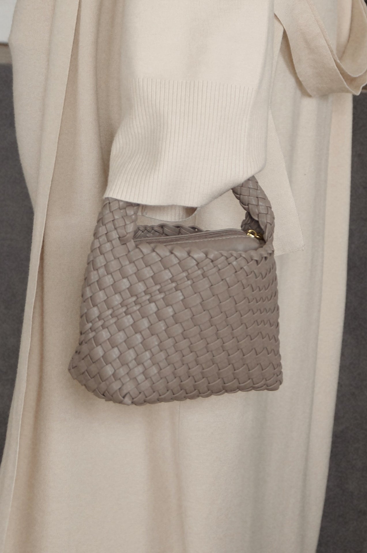 melie bianco woven taupe handbag