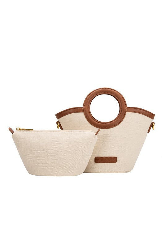 melie bianco beige canvas handbag with brown leather lining