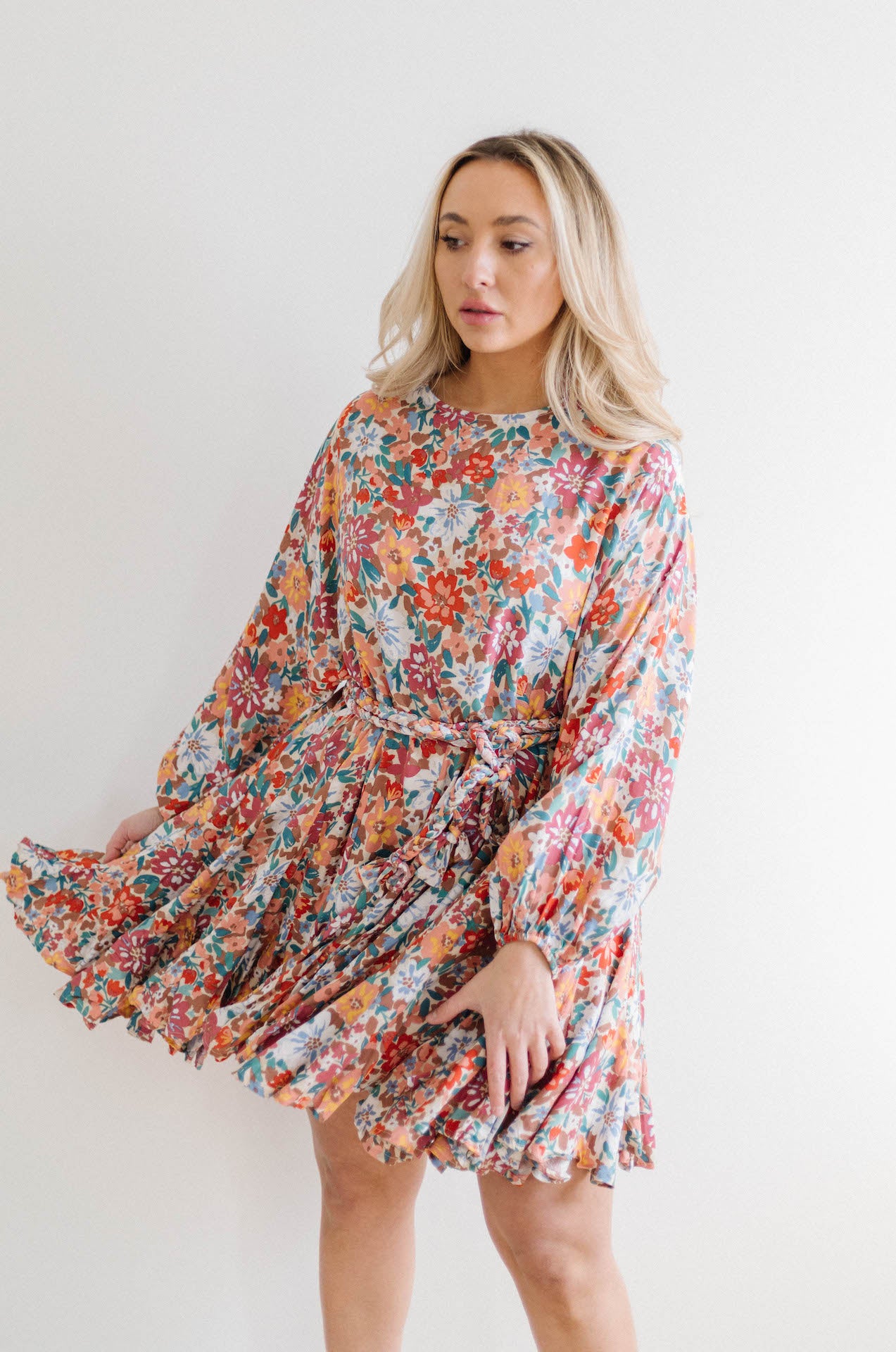 multicolor floral print dress with long sleeves