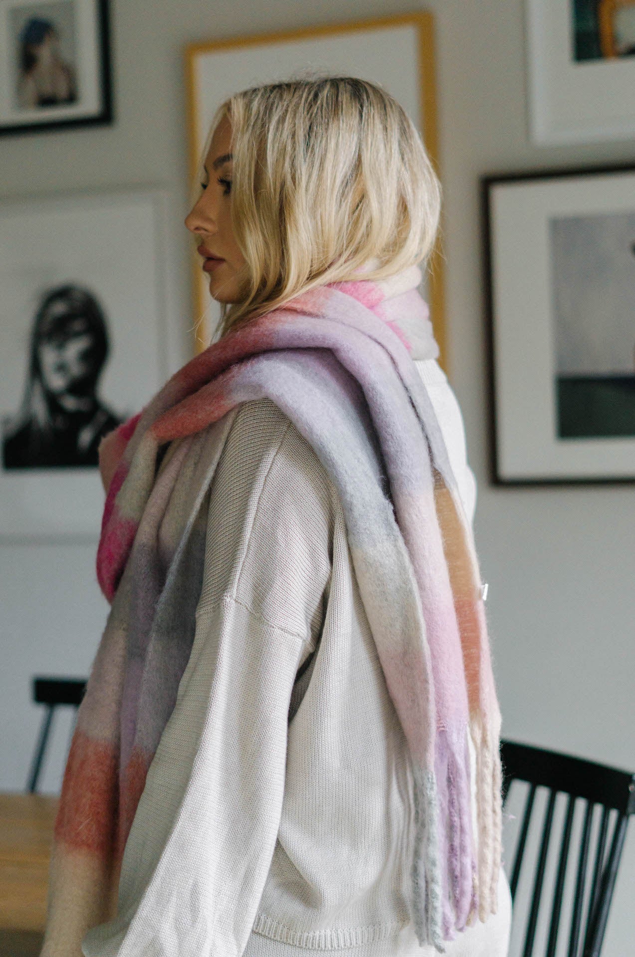 pink oversized fringe scarf