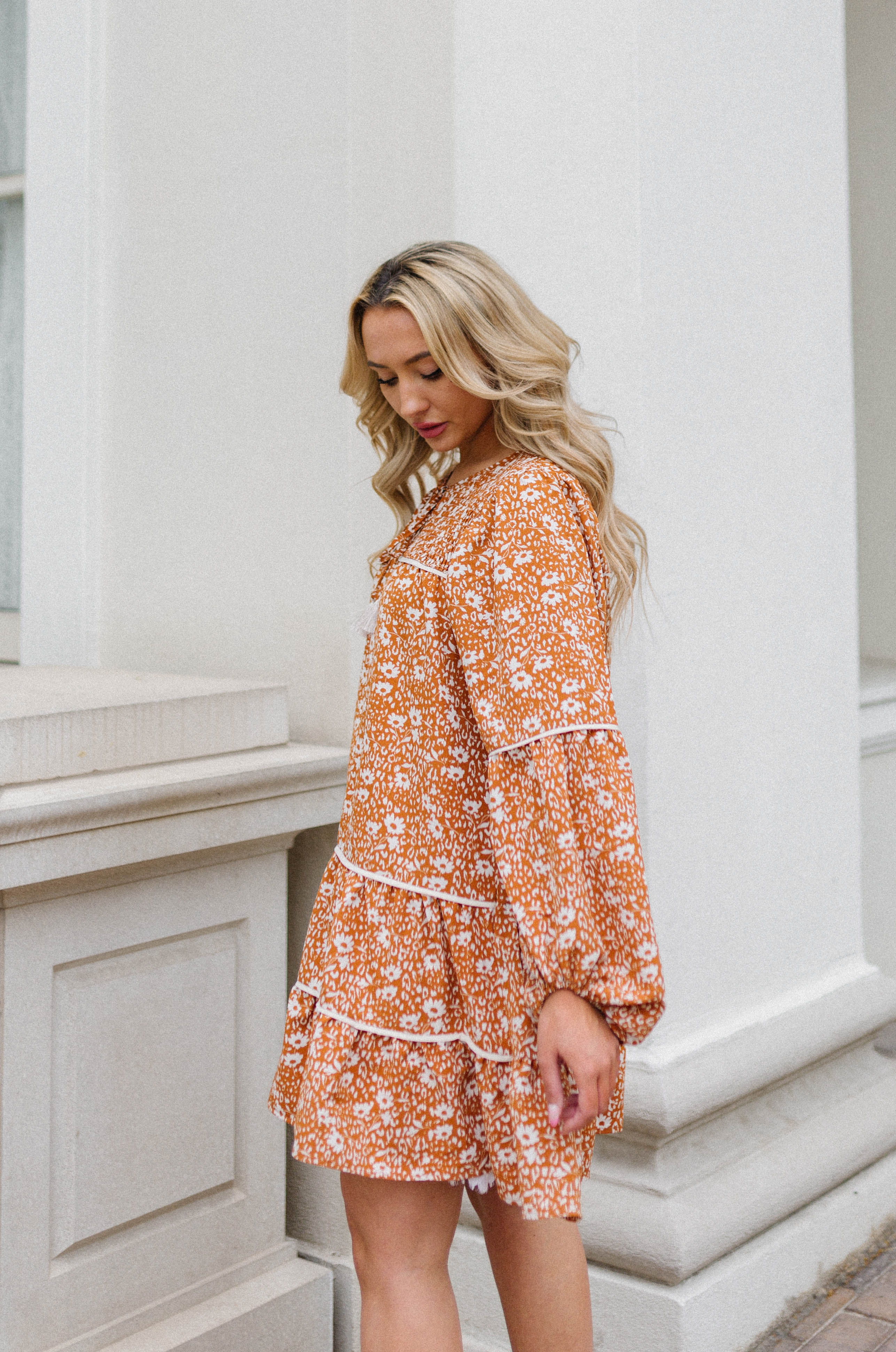 babydoll long sleeve balloon sleeve tiered mini dress