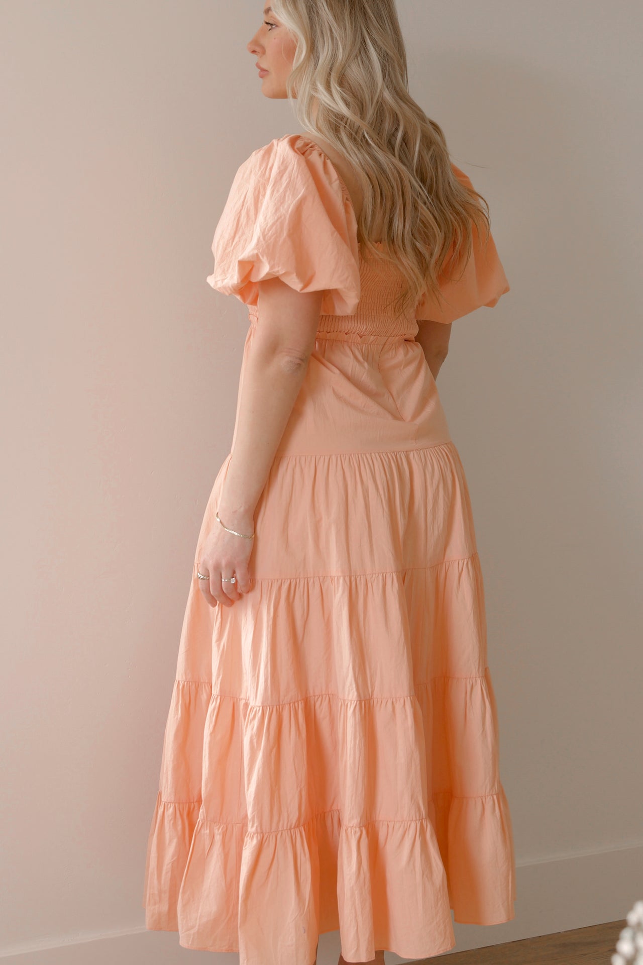 apricot puff sleeve maxi dress