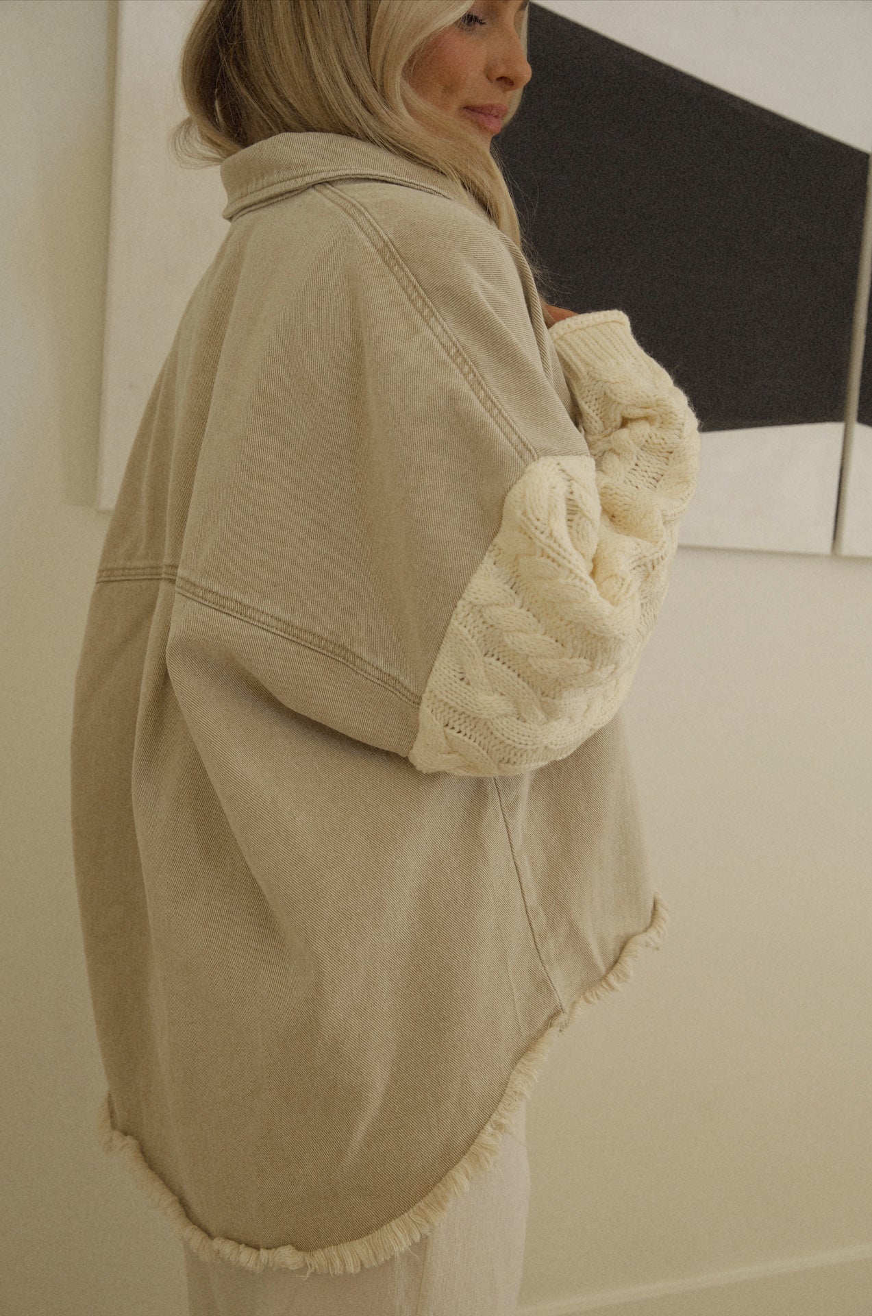 cream tan overshirt with knitted sleeve shacket style