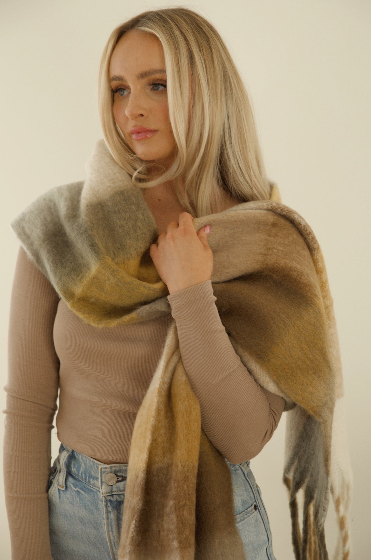 Cozy Feels Checkered Fringe Scarf - Brown