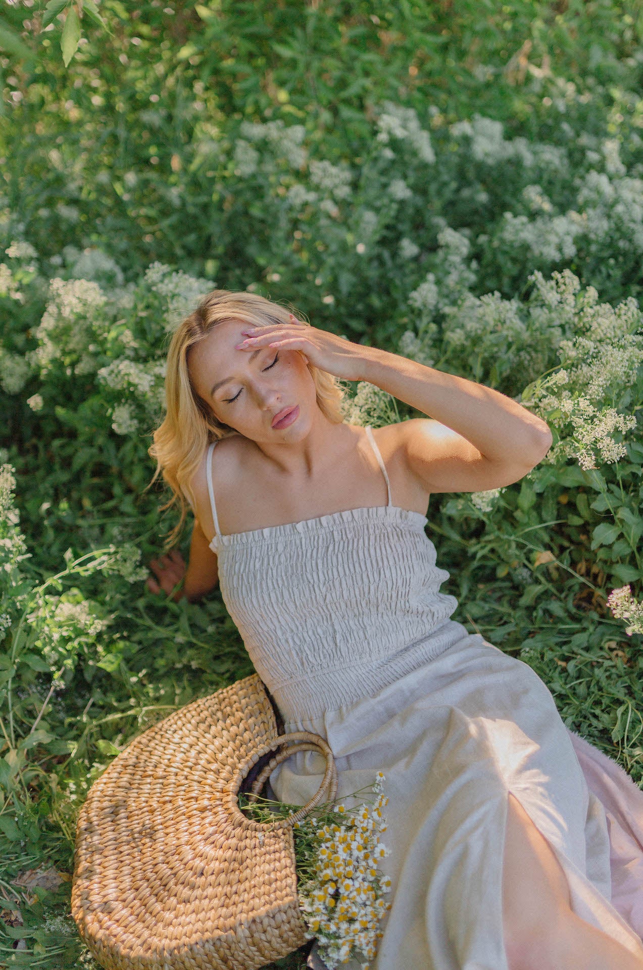 smocked linen midi dress