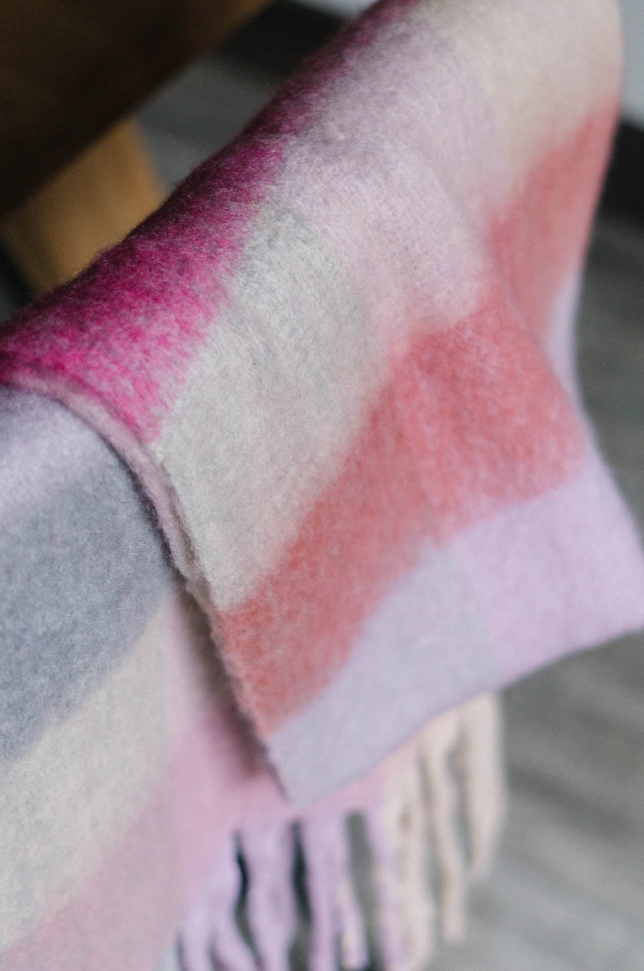 fuzzy soft pink and purple fringe scarf