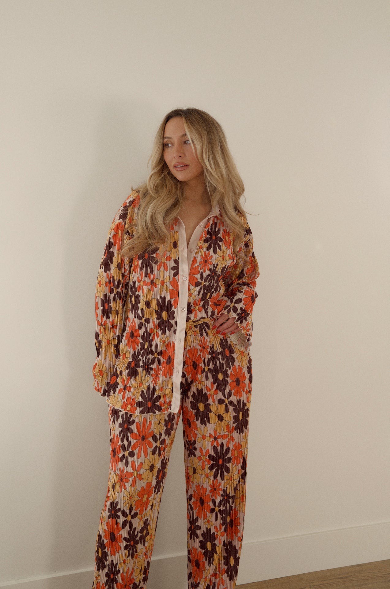floral plisse set with long sleeve button down and pants