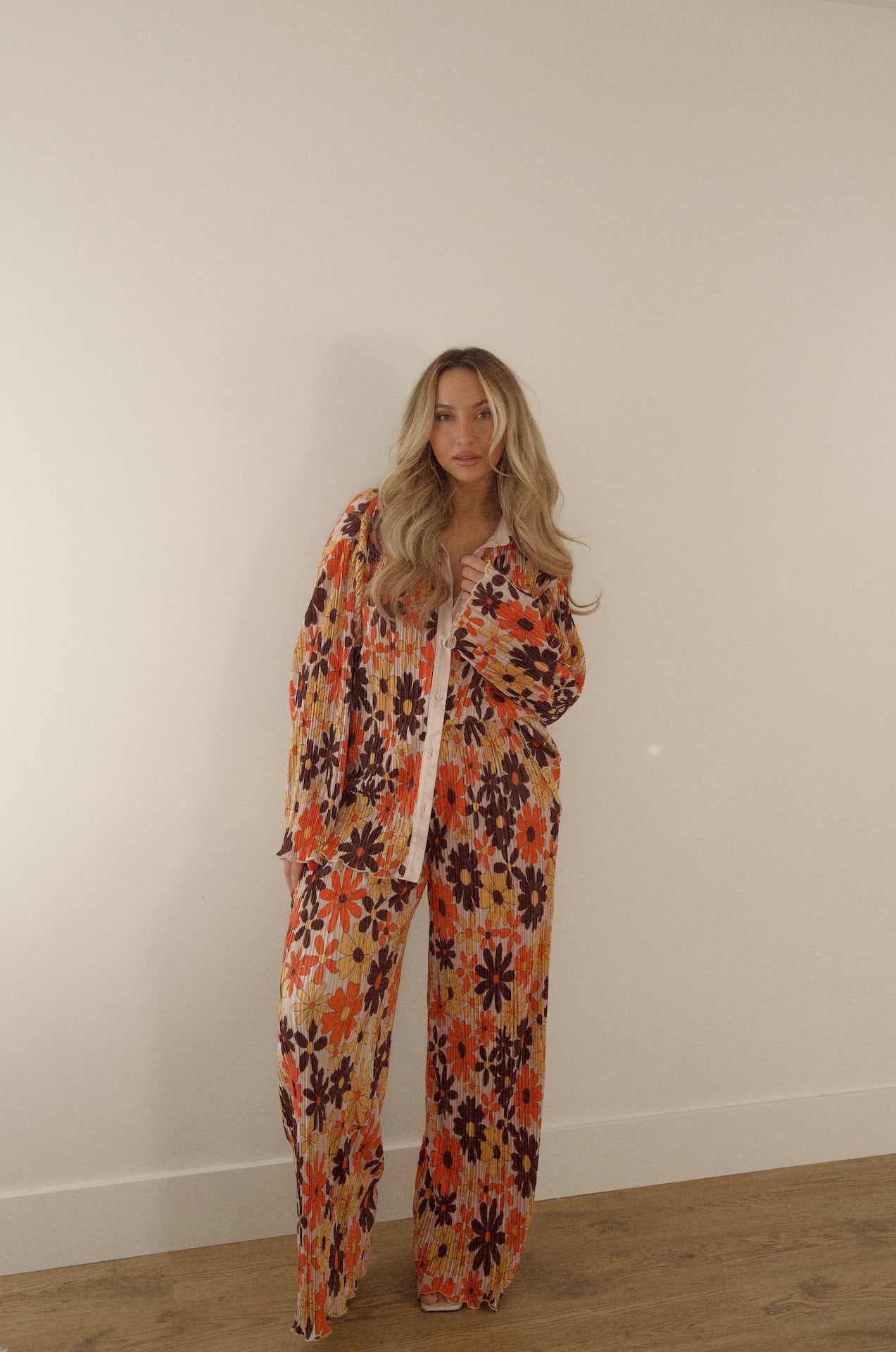floral plisse set with long sleeve button down and pants