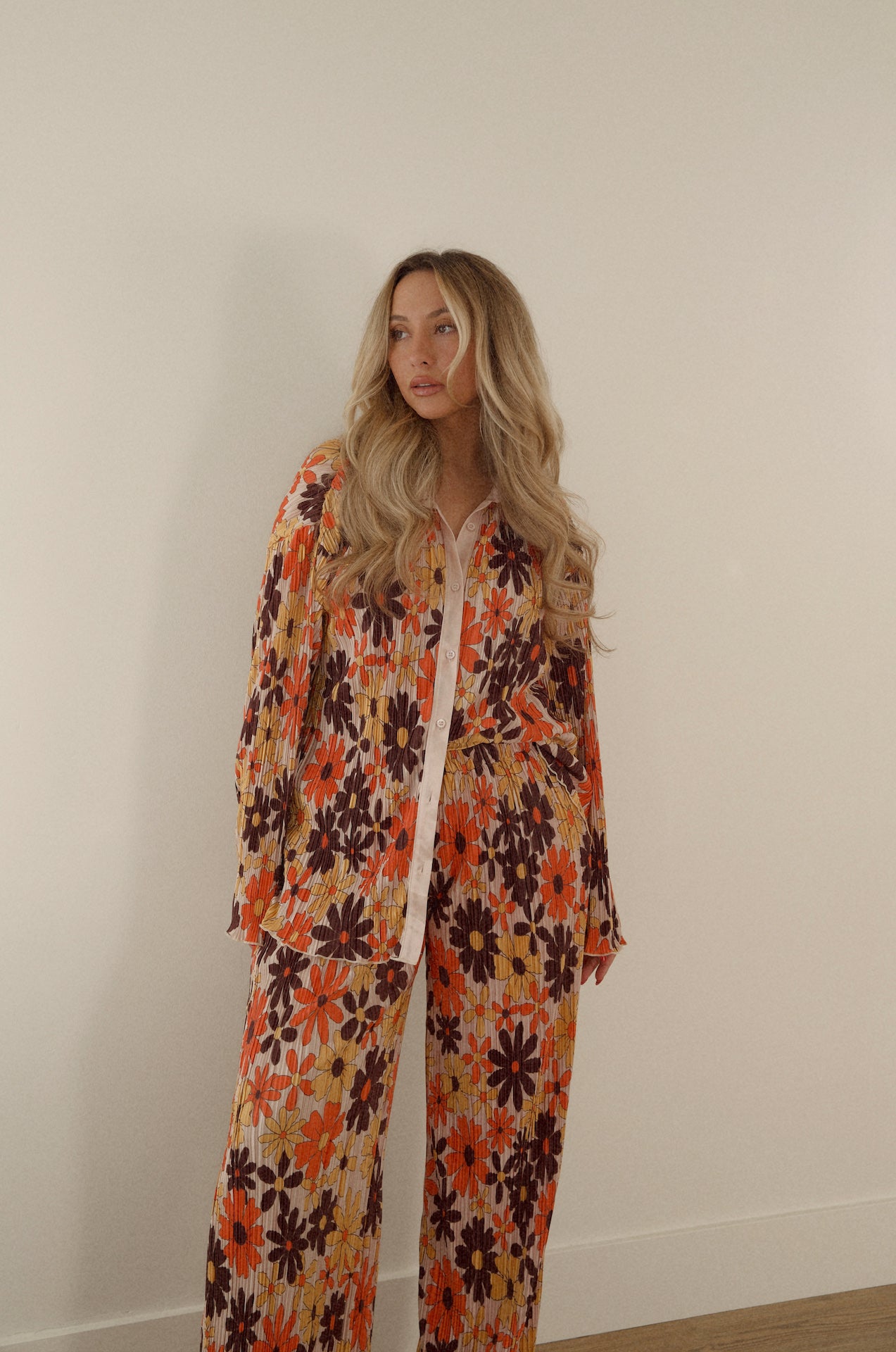 floral plisse set with long sleeve button down and pants