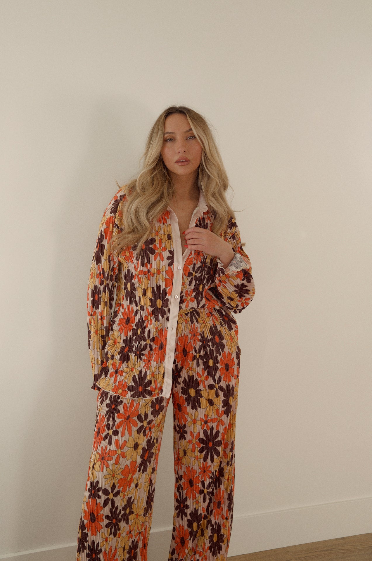 floral plisse set with long sleeve button down and pants