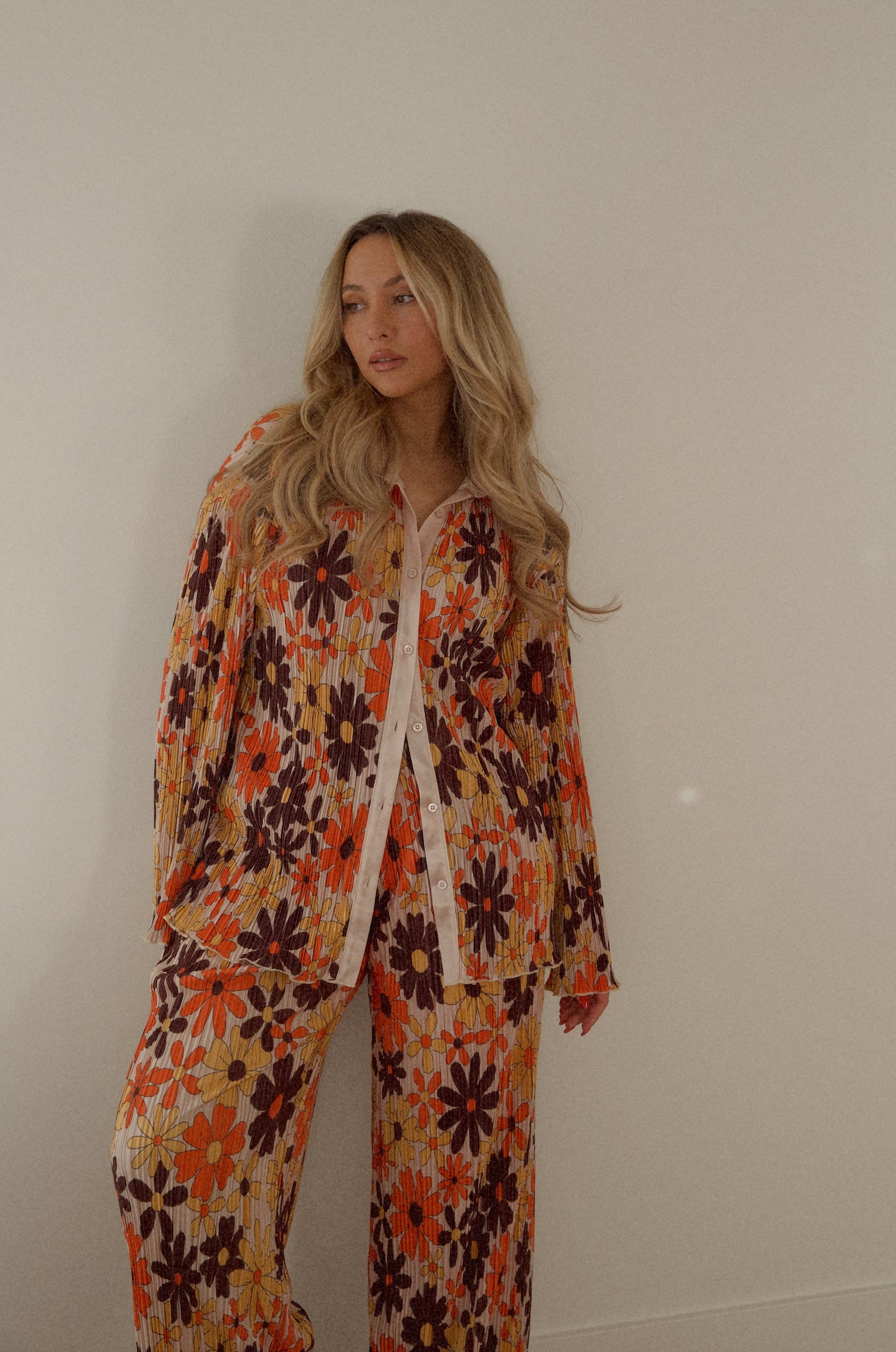 floral plisse set with long sleeve button down and pants