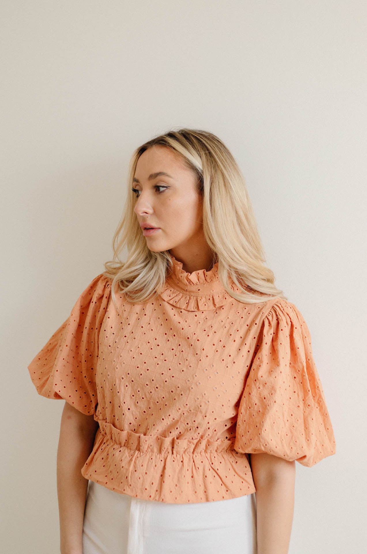 orange eyelet embroidered puff sleeve crop top blouse