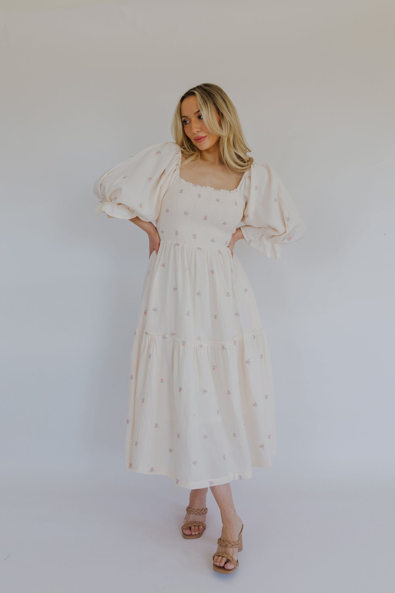 cream puff sleeve midi dress with pockets and embroidered florals