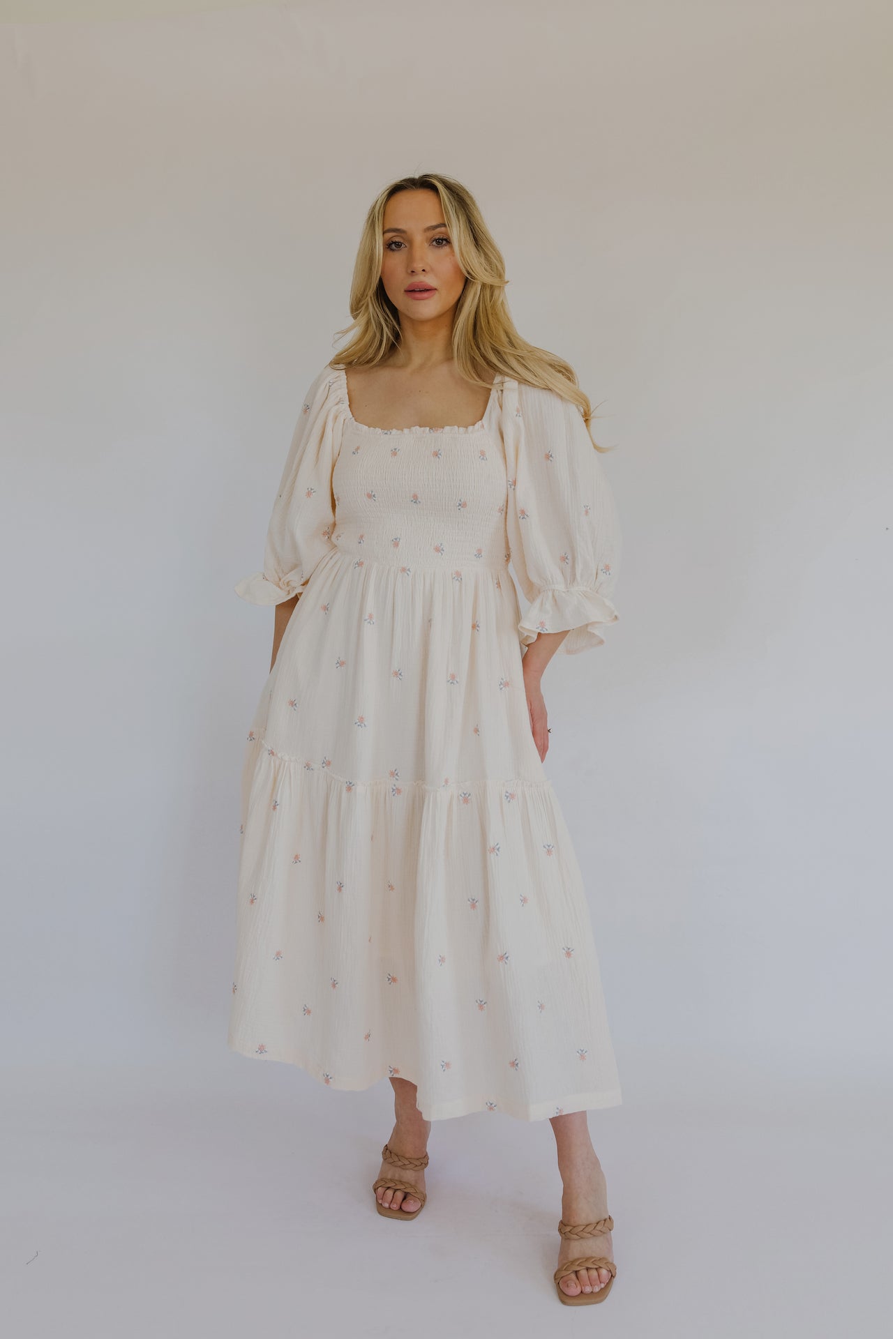 cream puff sleeve midi dress with pockets and embroidered florals