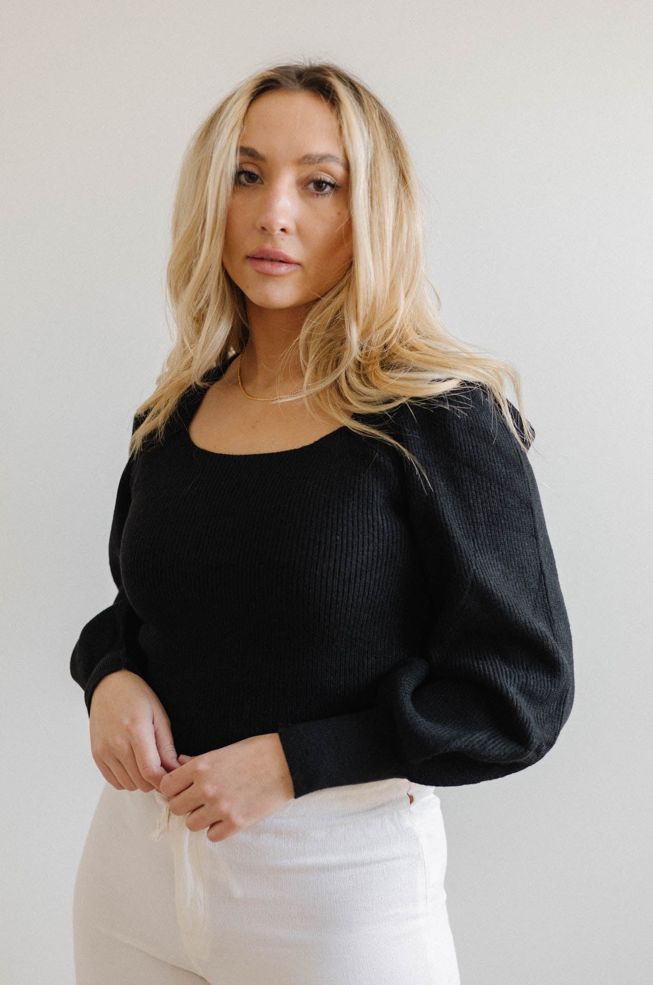 black ribbed square neckline sweater