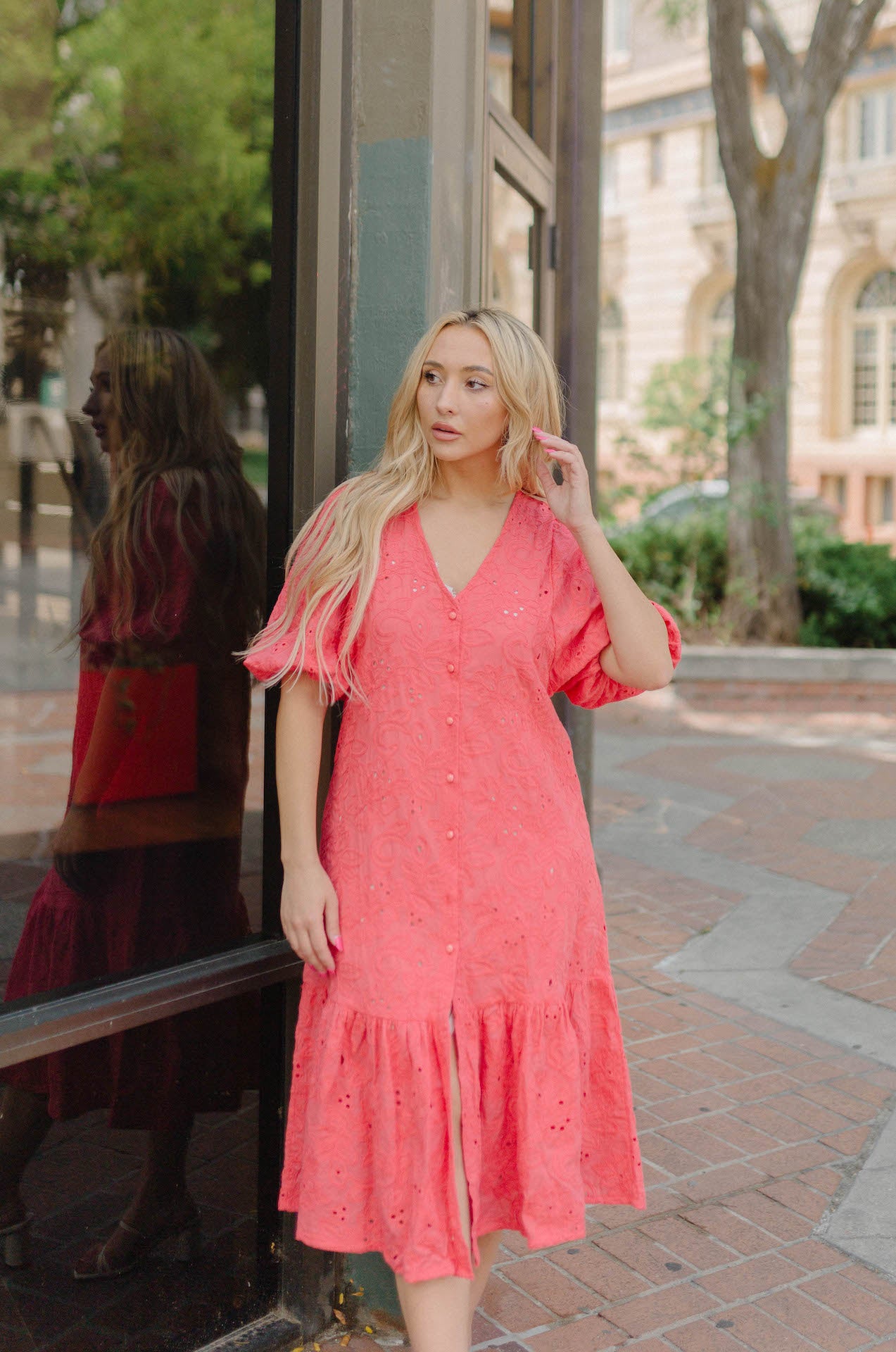 puff sleeve midi dress with buttons and puff sleeves