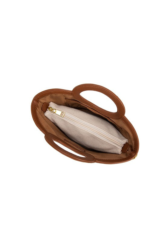 melie bianco beige canvas handbag with brown leather lining