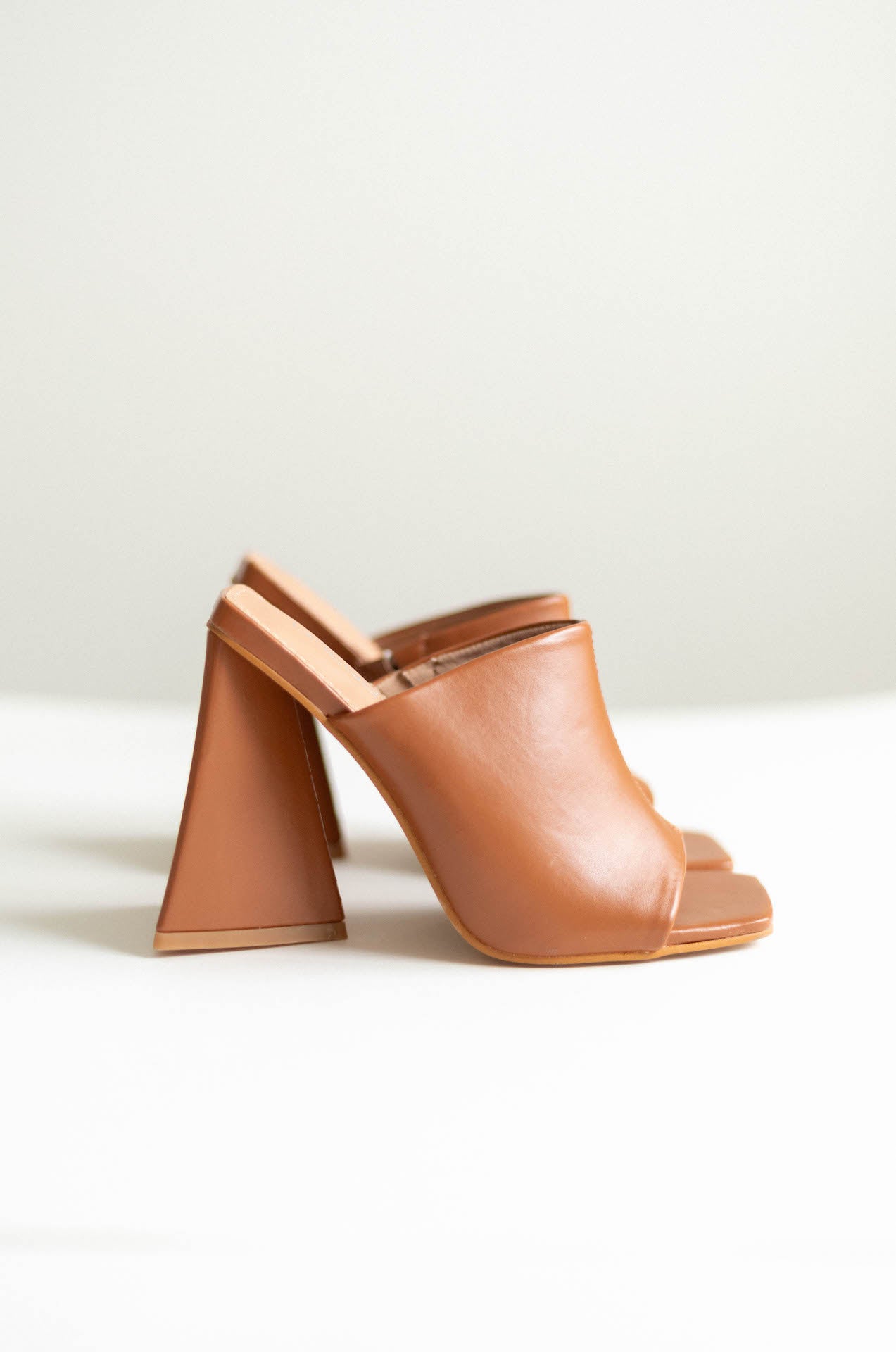 brown triangle block mule sandal heels