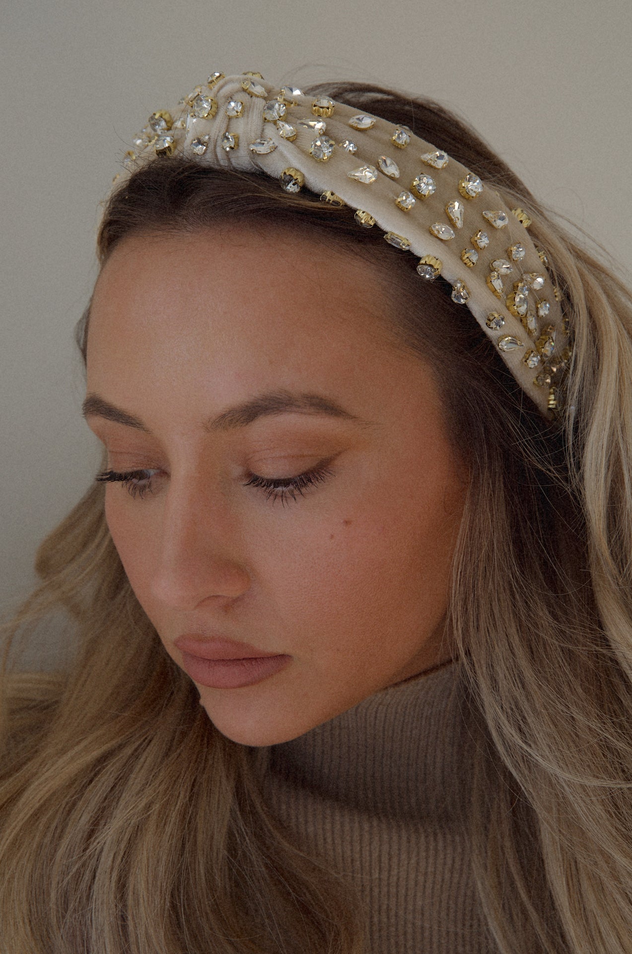 beige jeweled crystal rhinestone velvet top knot headband