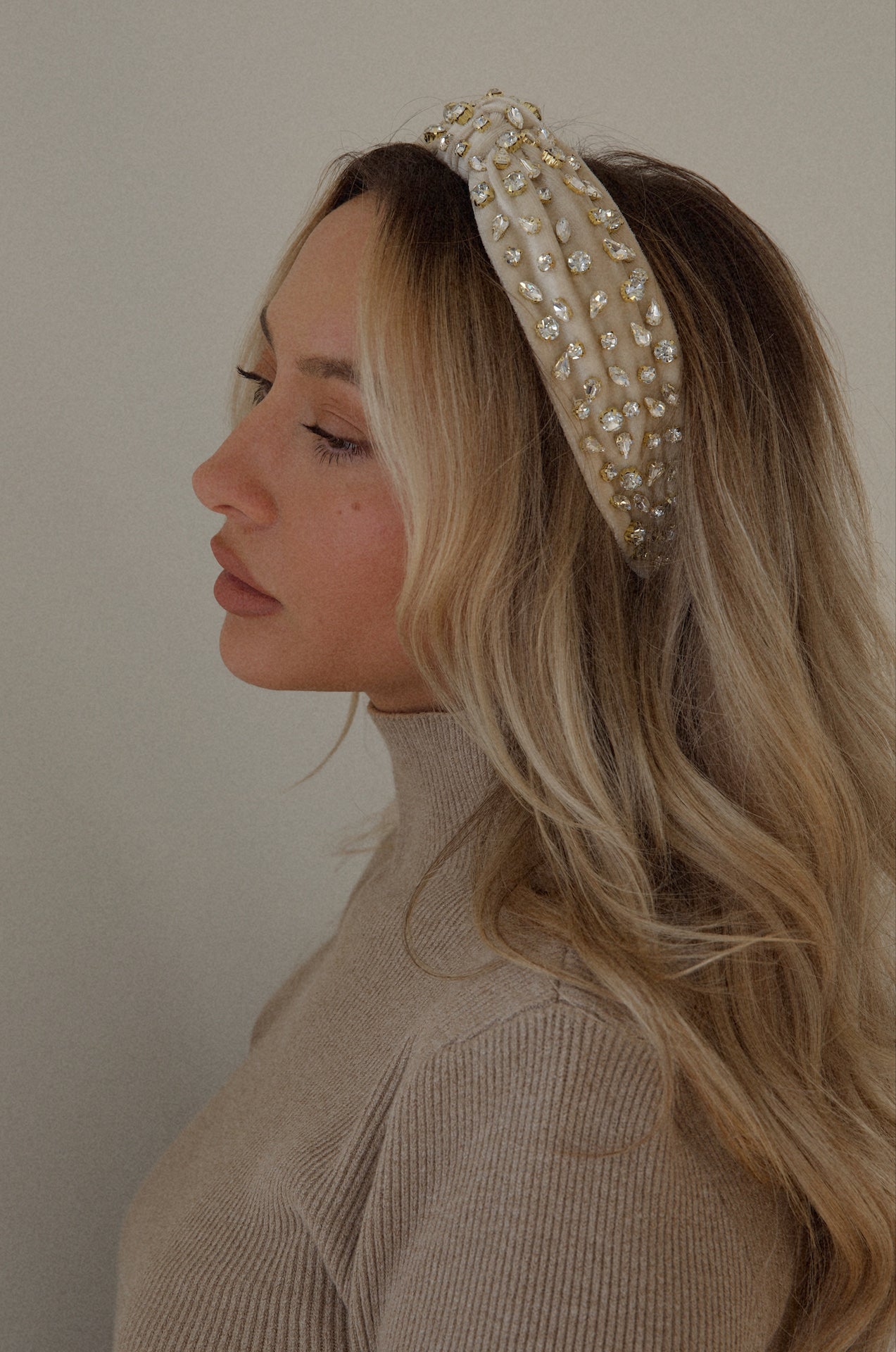 beige jeweled crystal rhinestone velvet top knot headband