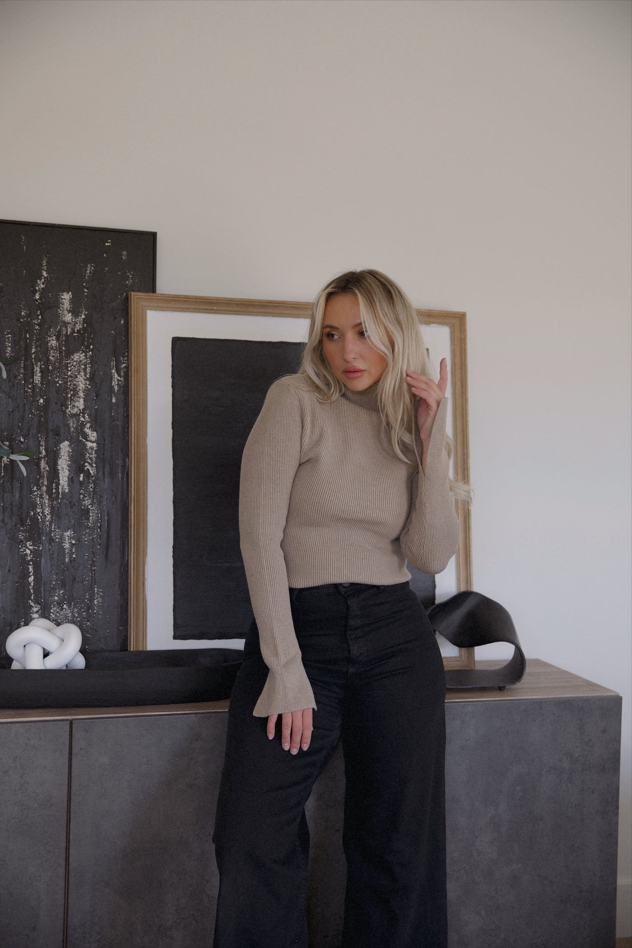 taupe beige turtleneck ribbed long sleeve ribbed top