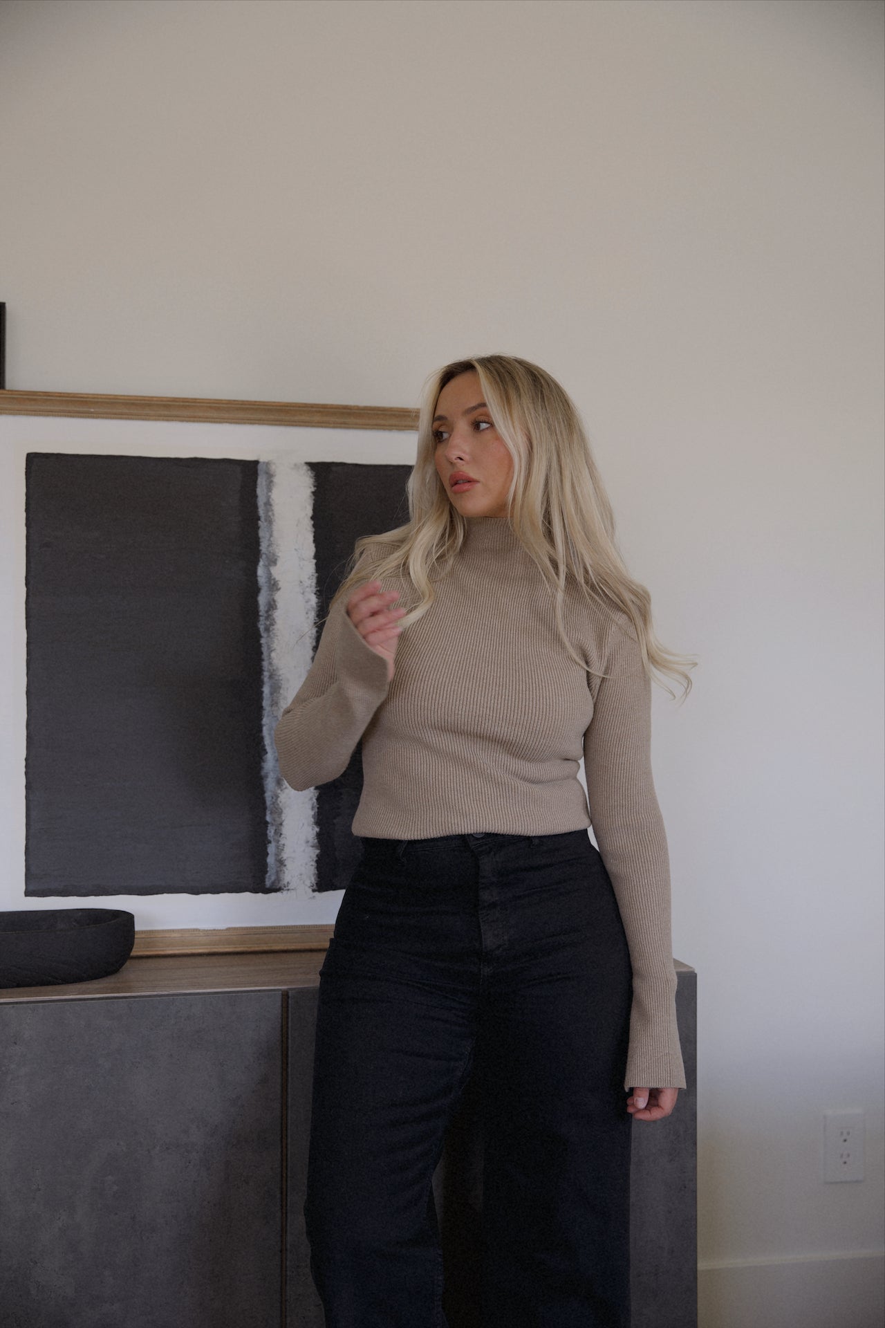taupe beige turtleneck ribbed long sleeve ribbed top