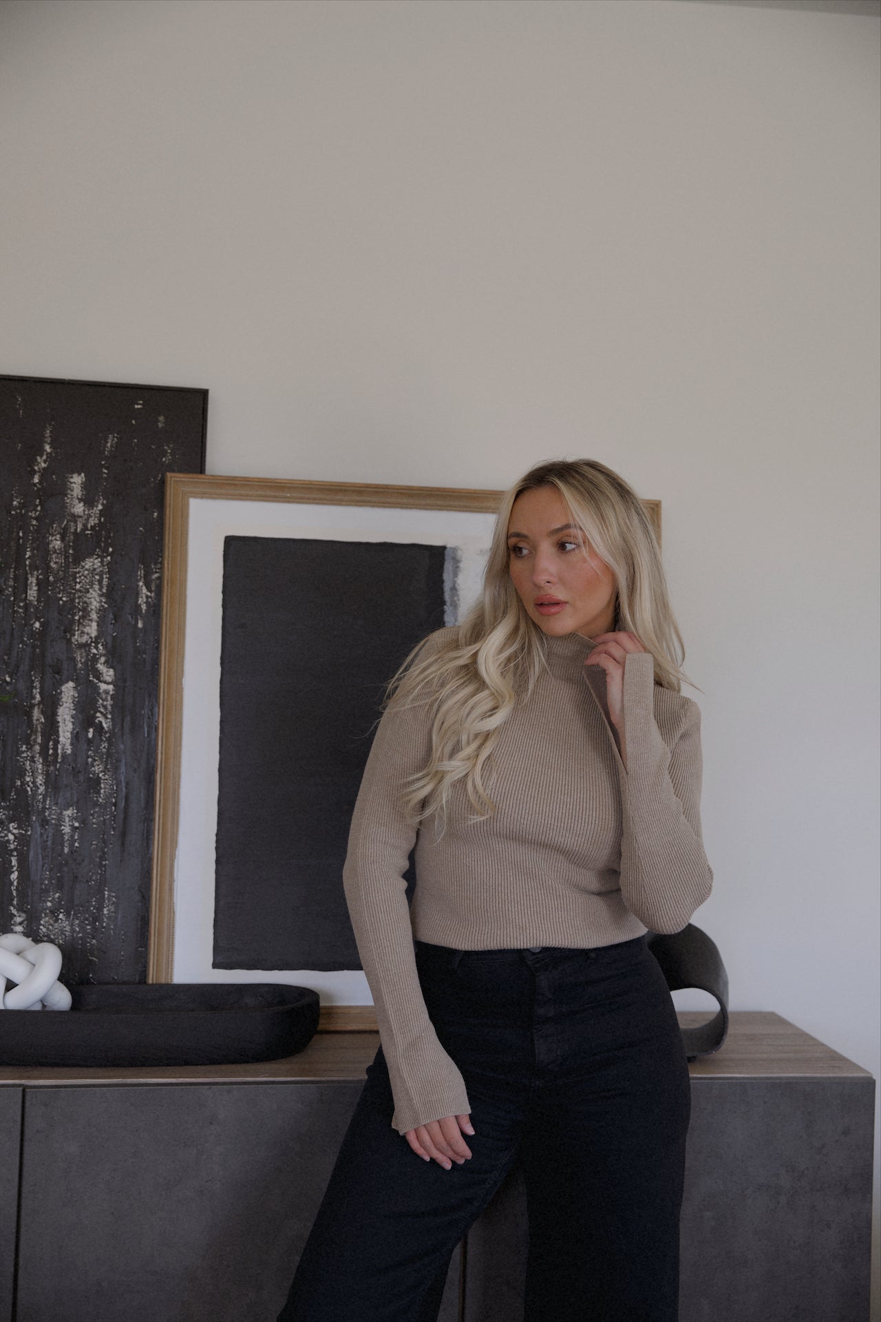 taupe beige turtleneck ribbed long sleeve ribbed top