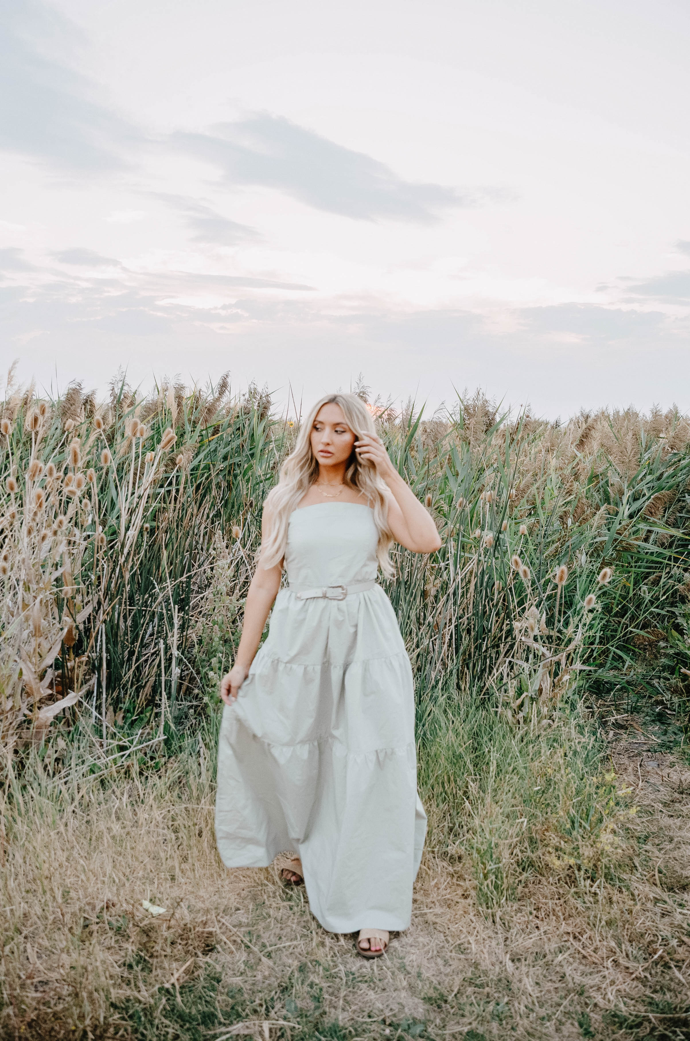 sage maxi tiered dress with belt