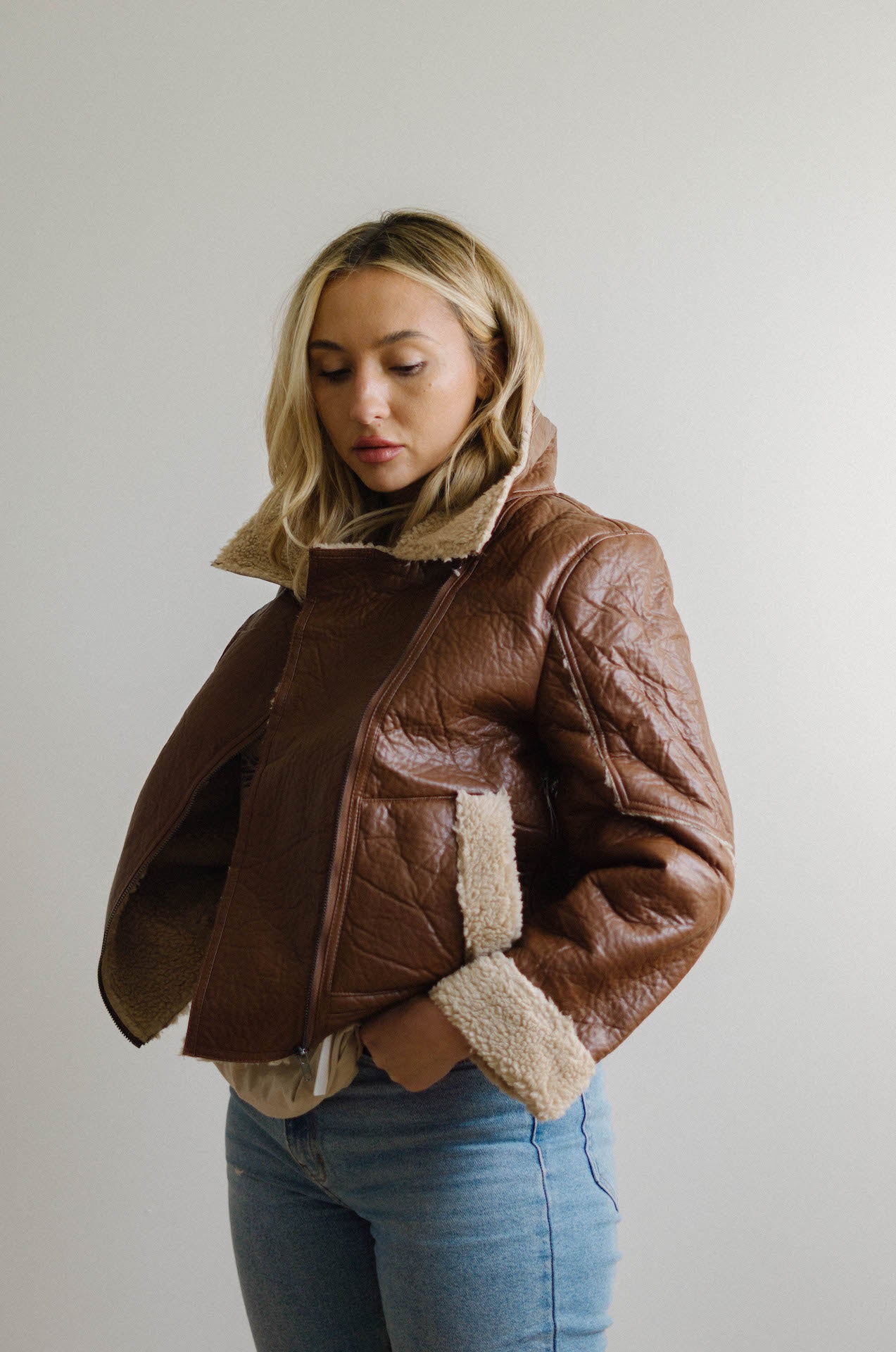 brown faux leather moto jacket with sherpa shearling lining