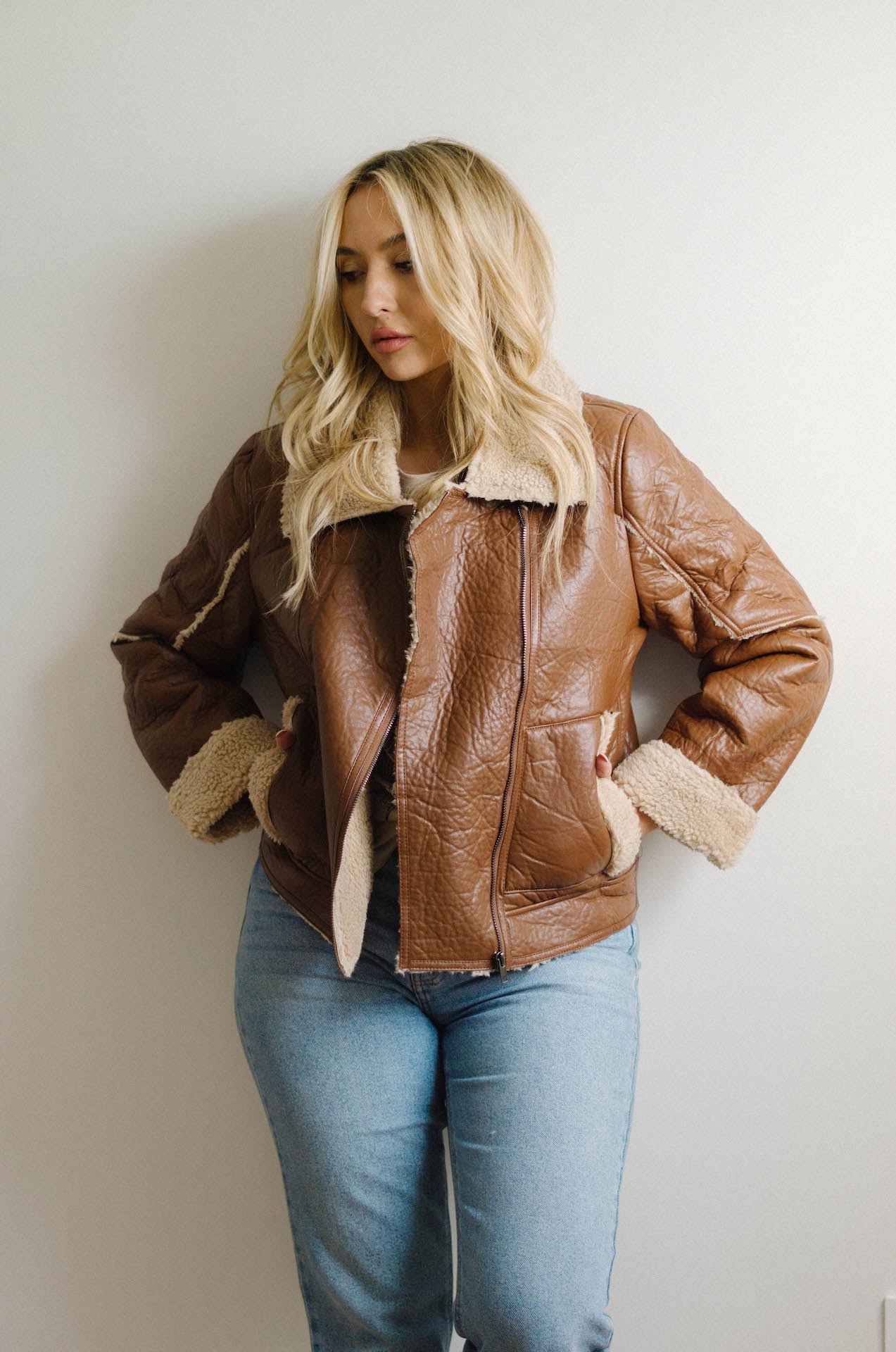 brown faux leather moto jacket with sherpa shearling lining