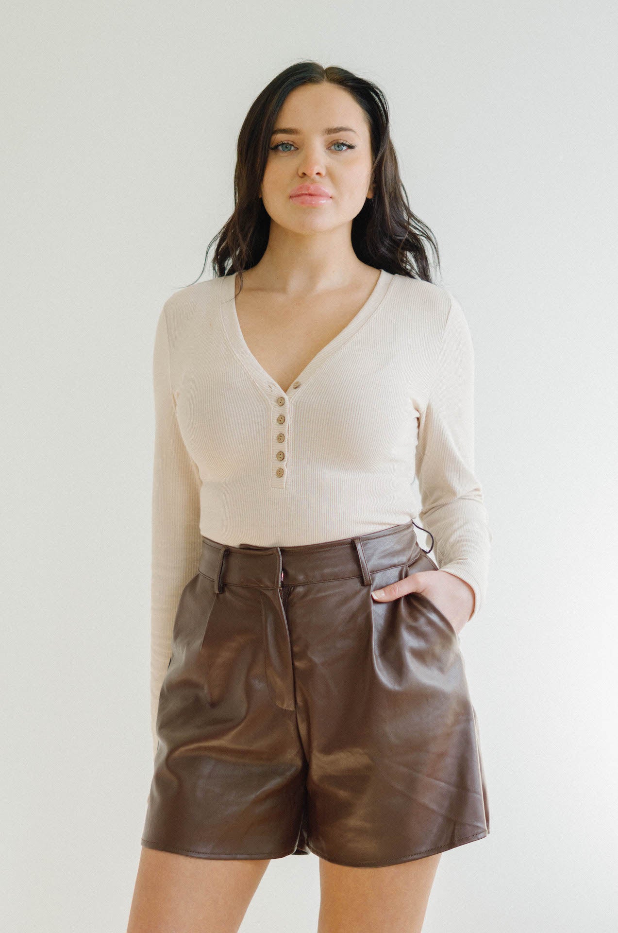 Romie Brown Vegan Leather High Waisted Shorts