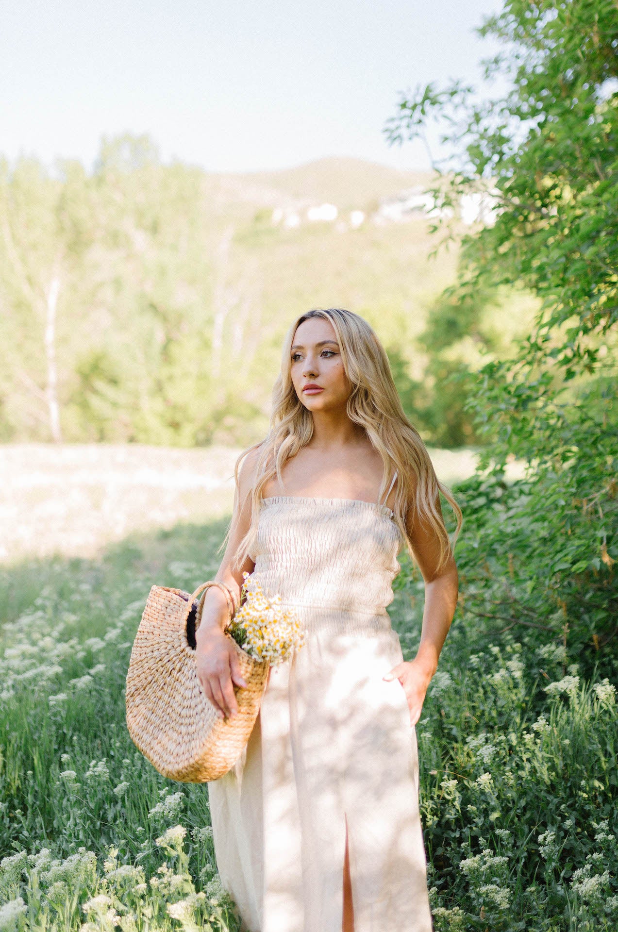 smocked linen maxi dress