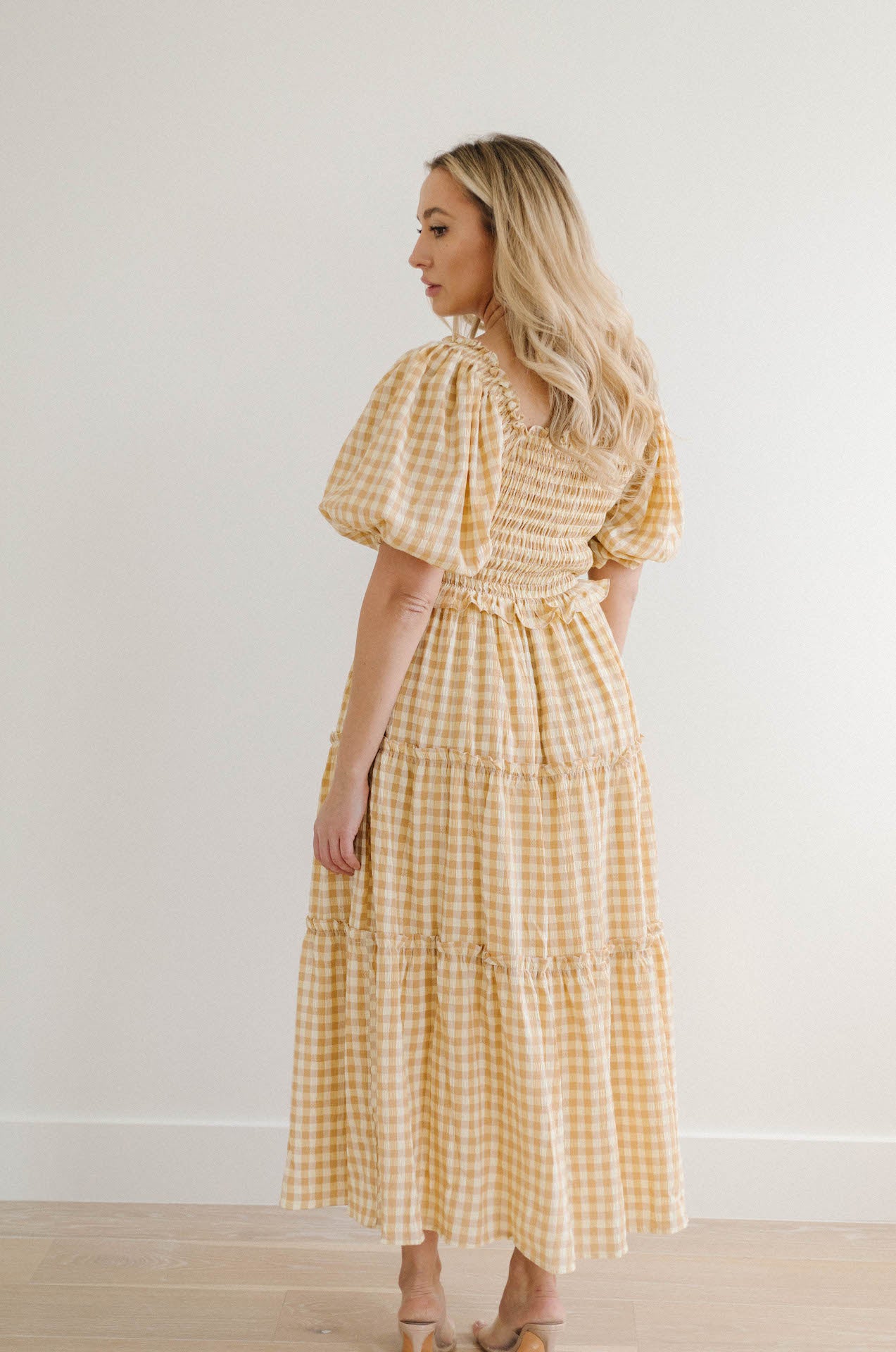 mustard gingham puff sleeve maxi tiered dress