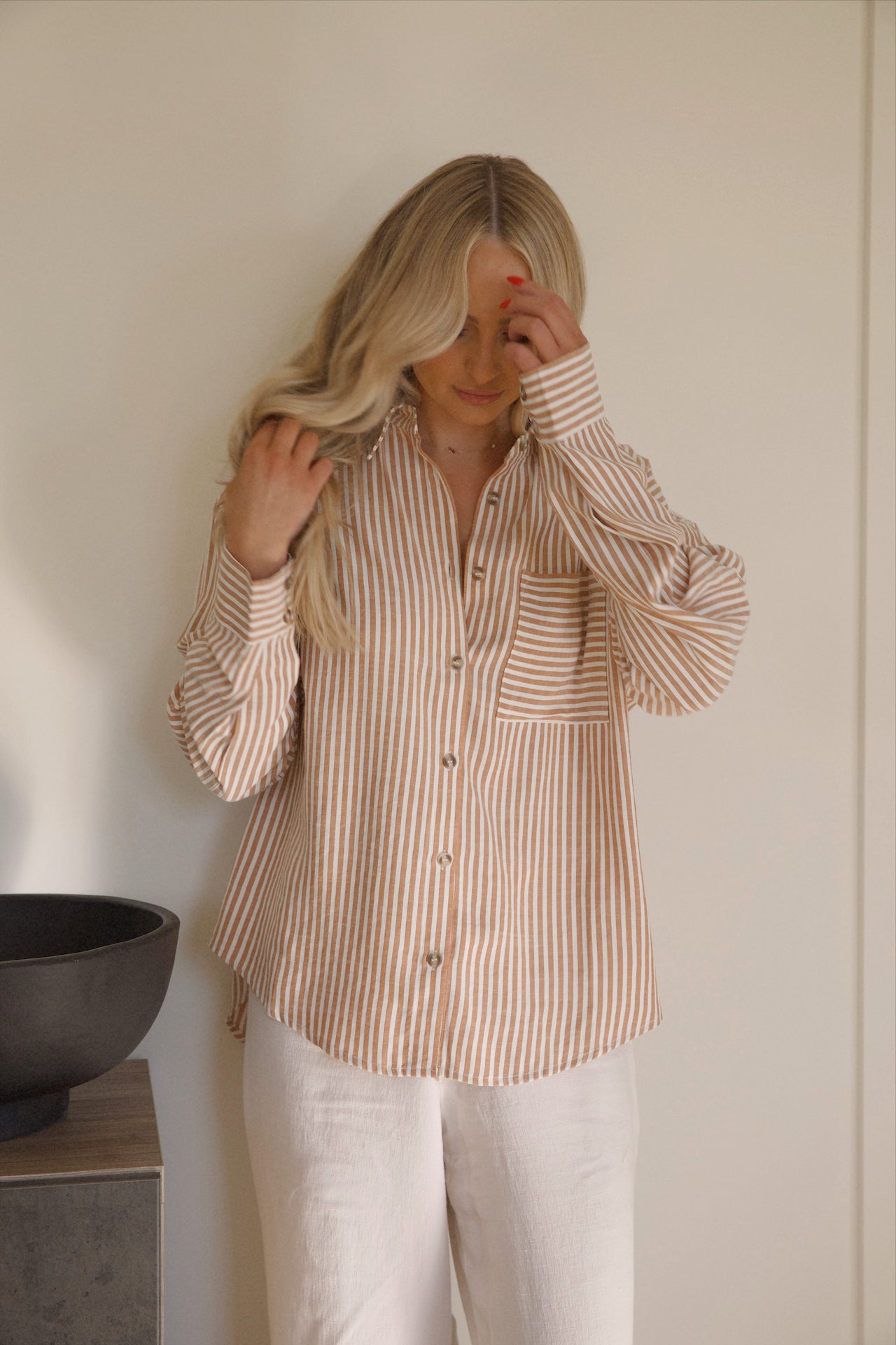brown striped button up shirt for women