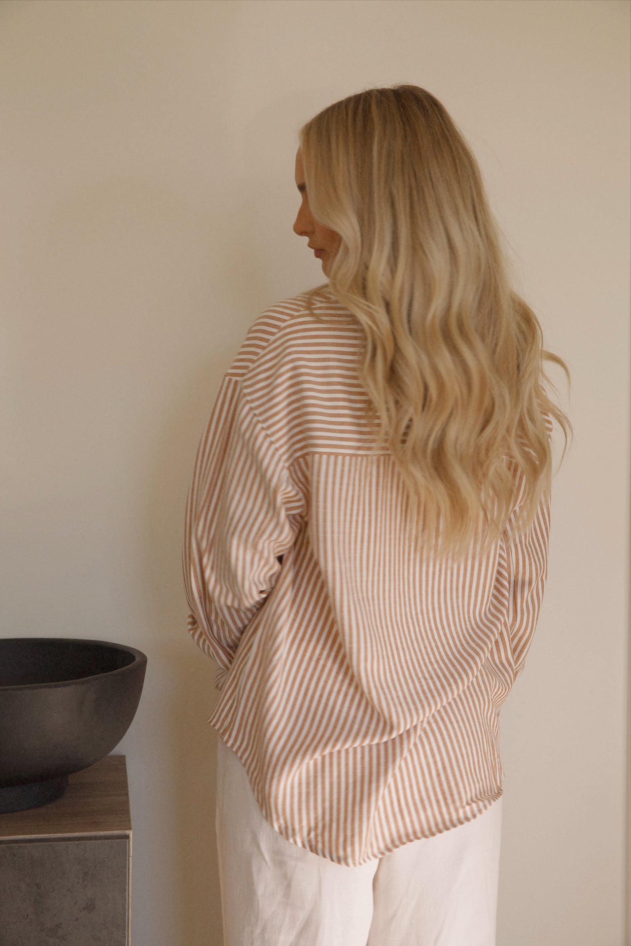 brown striped button up shirt for women