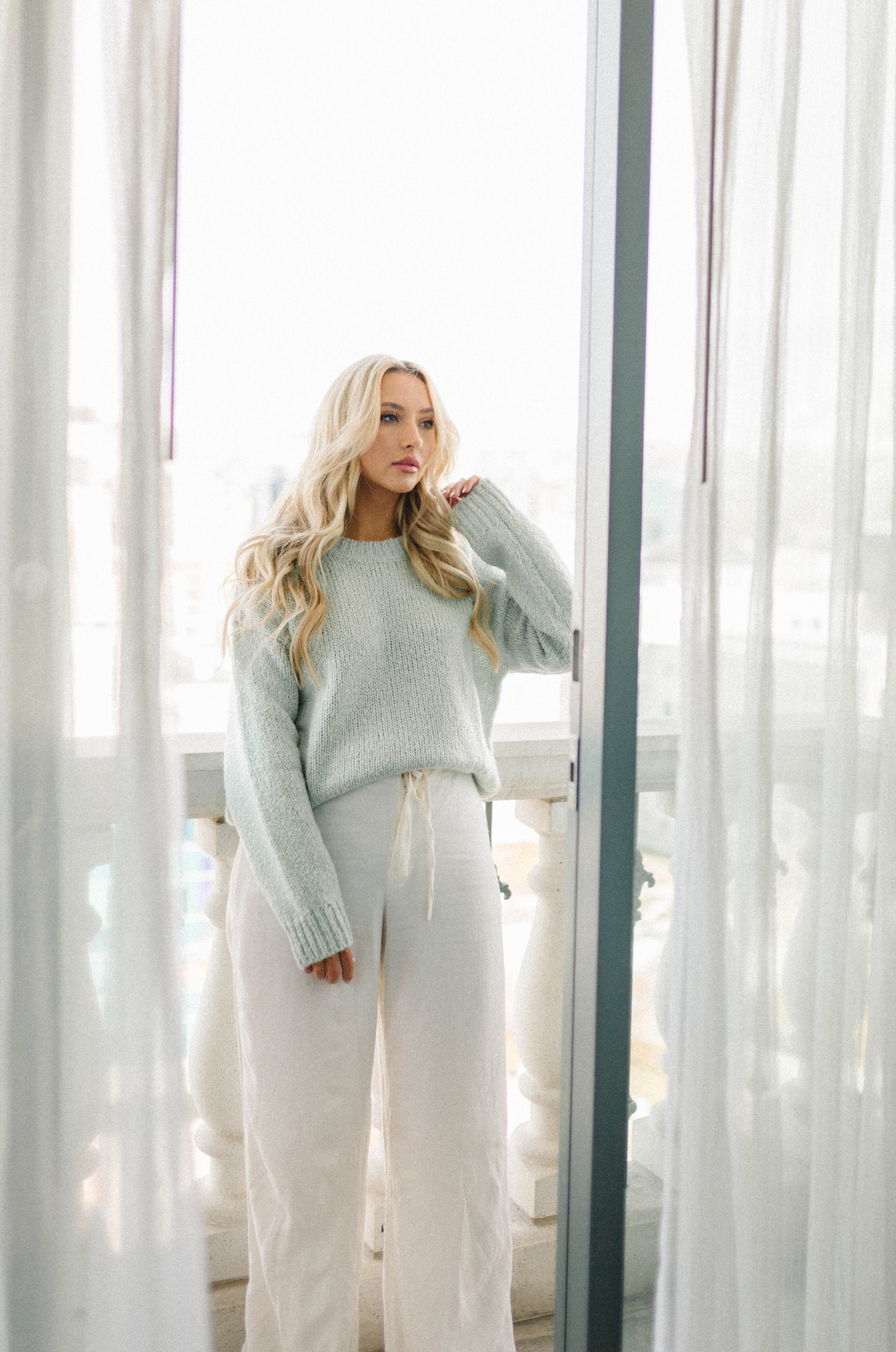 mint sage round neckline knit sweater