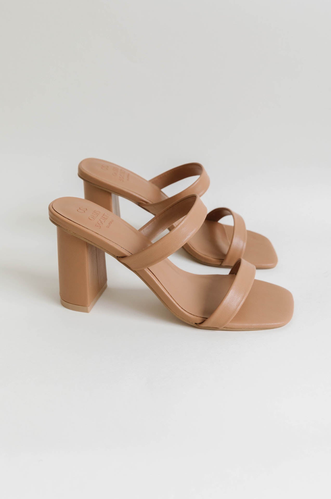 nude beige tan strappy faux leather heels with a chunky block heel