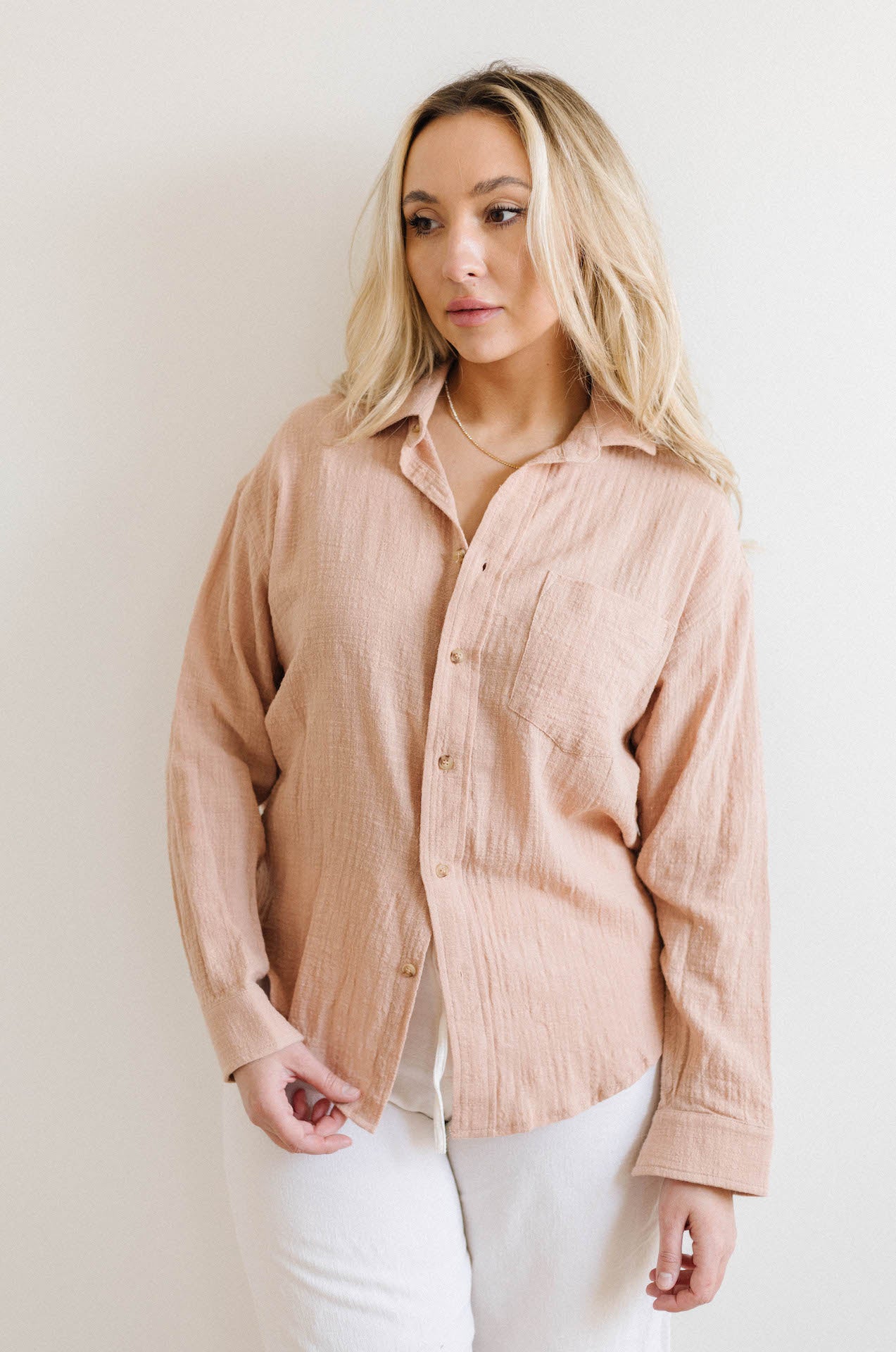 long sleeve taupe nude crinkle gauzy button down shirt