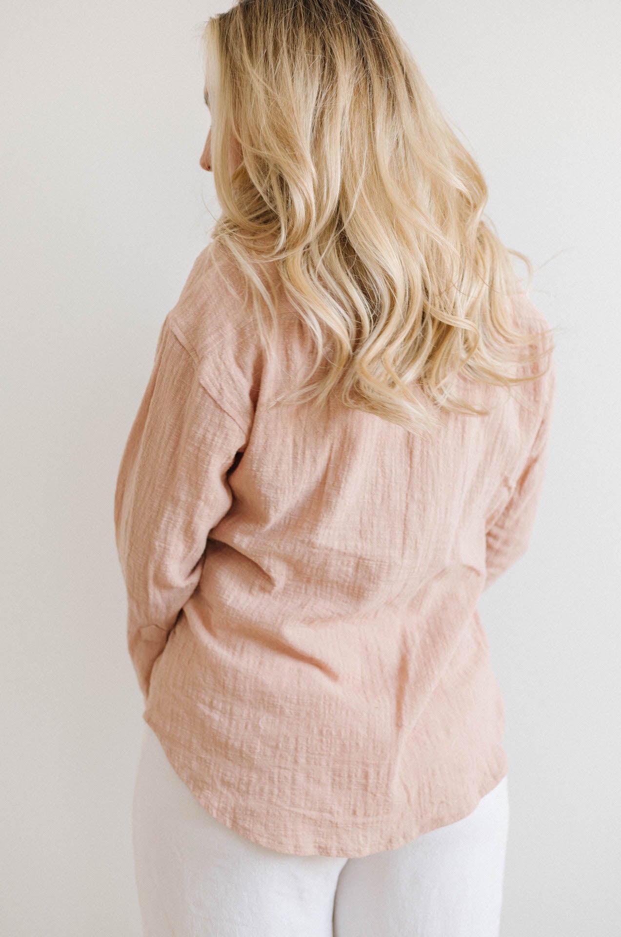 long sleeve taupe nude crinkle gauzy button down shirt