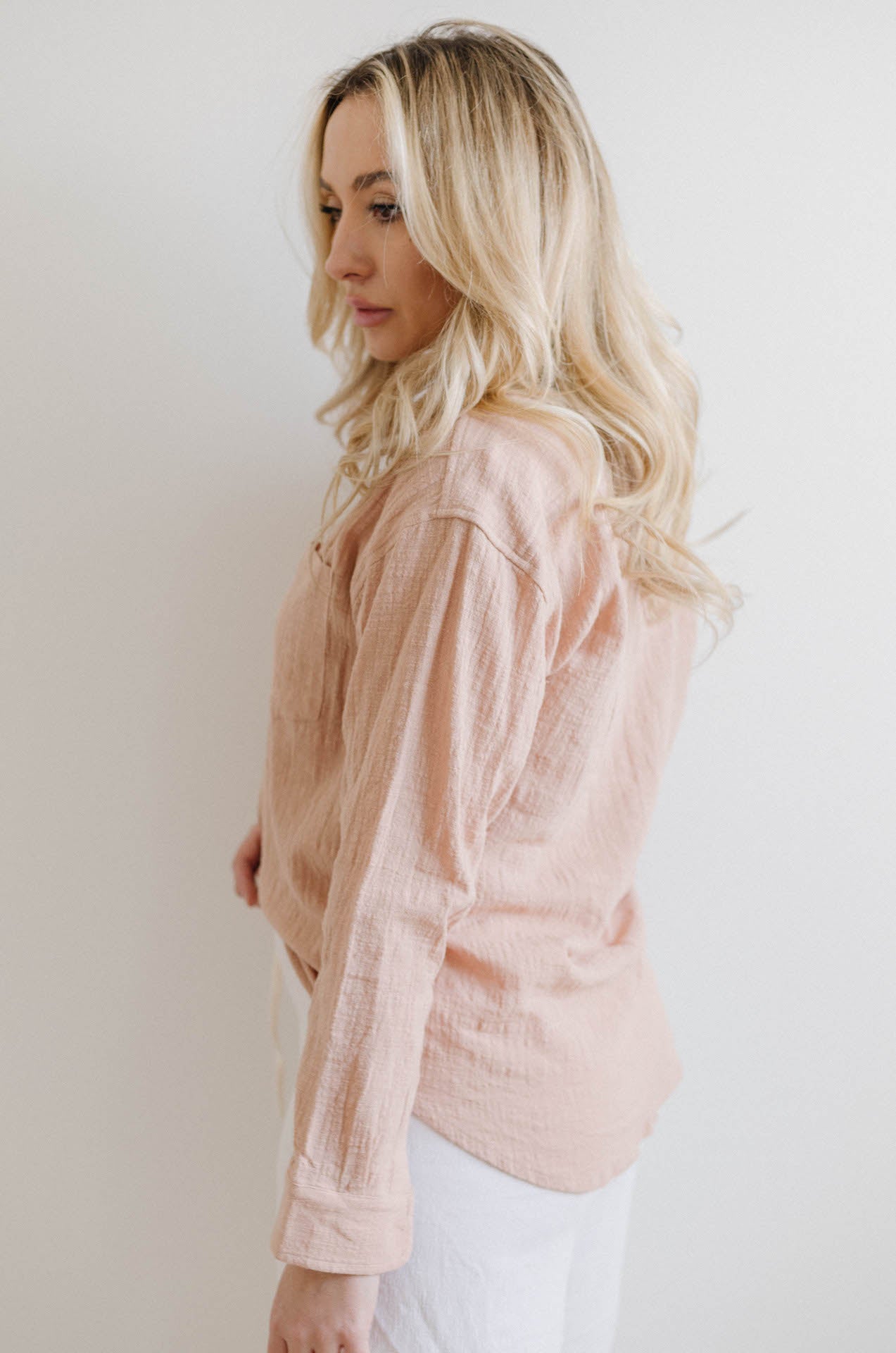 long sleeve taupe nude crinkle gauzy button down shirt
