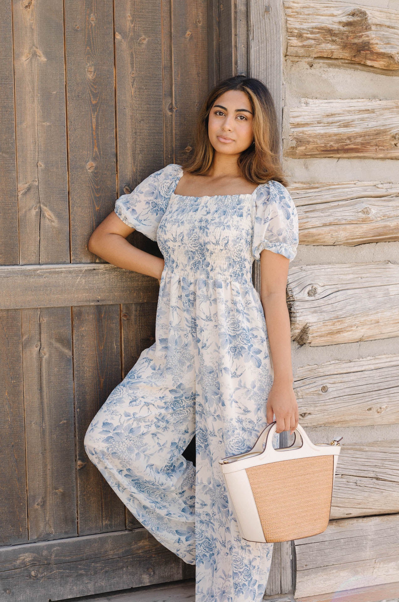 blue floral print puff sleeve jumpsuit