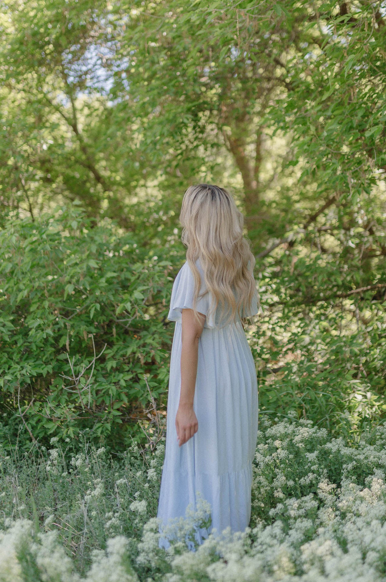 powder blue flutter sleeve maxi dress