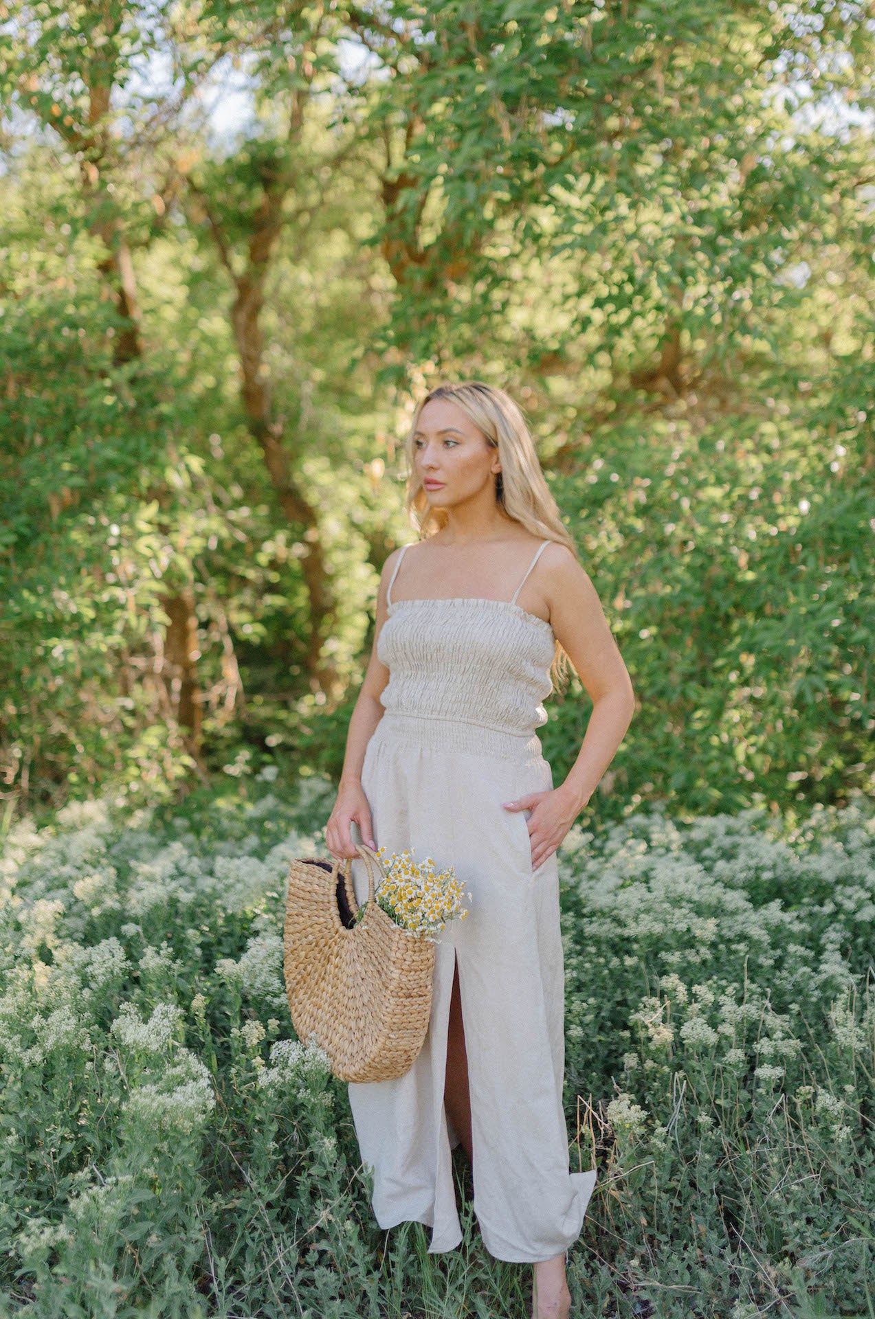 Smocked Beige Linen Dress Smocked Beige Linen Dress