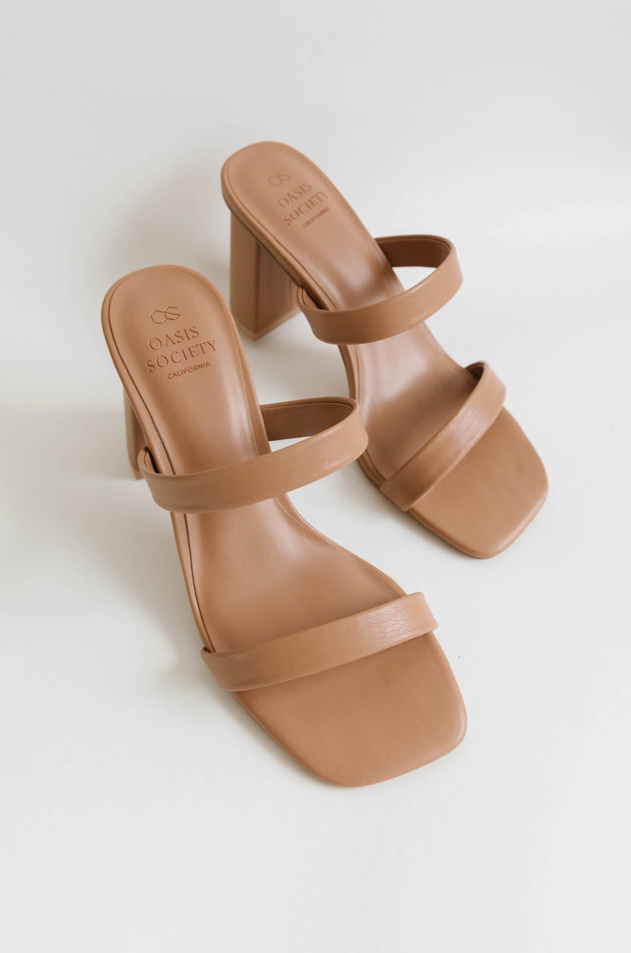 nude beige tan strappy faux leather heels with a chunky block heel