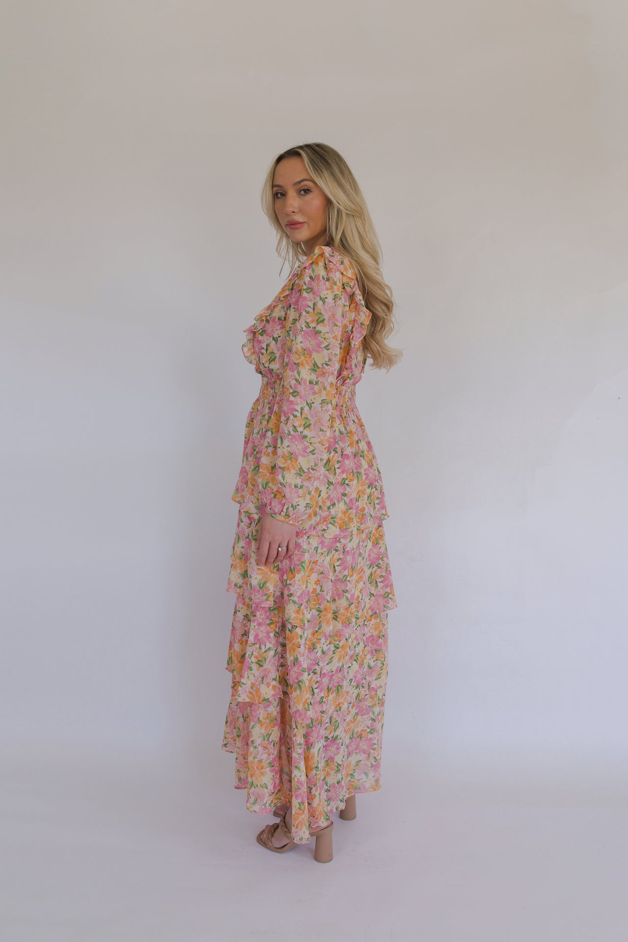 pink ruffle layered maxi dress