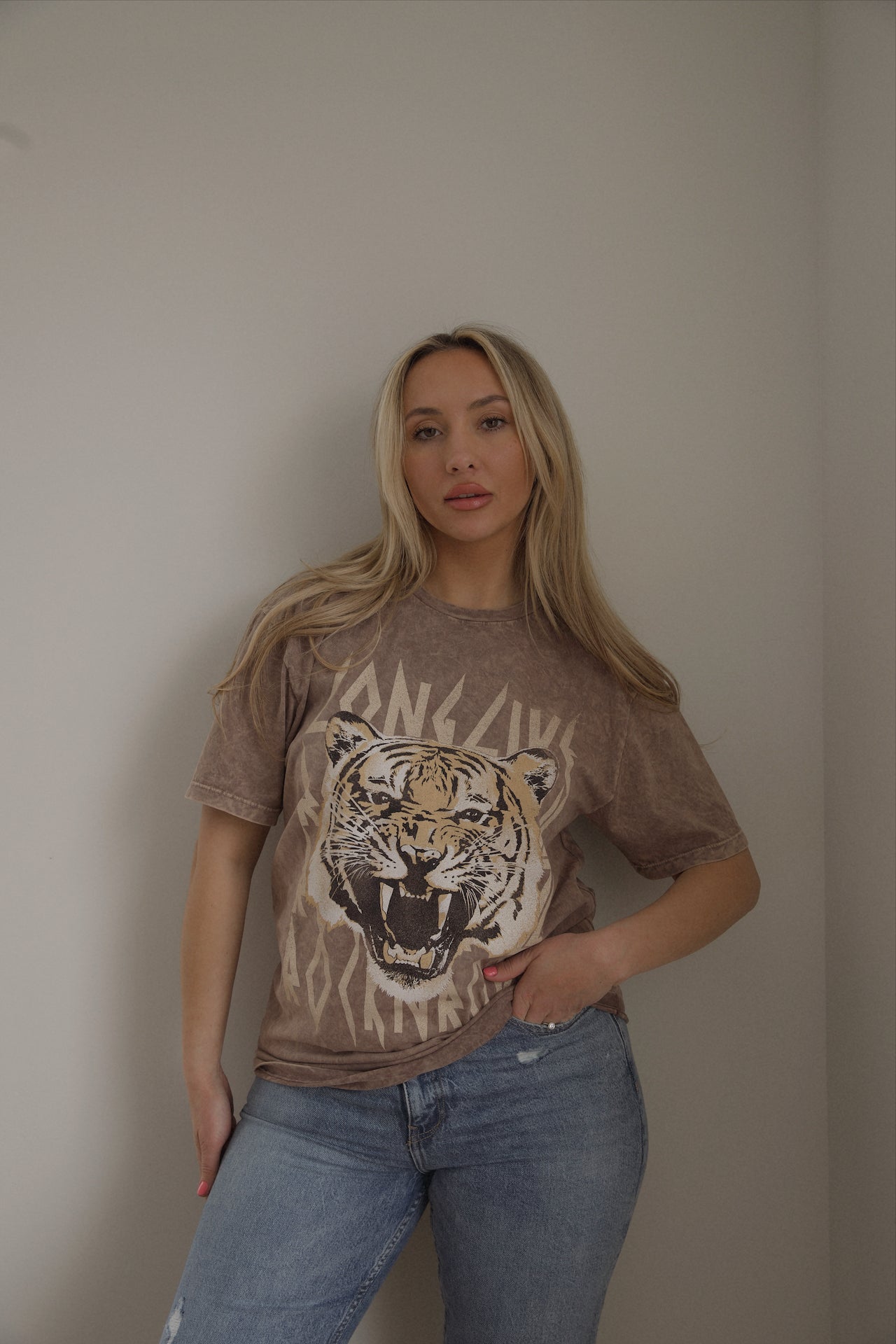 tiger print long live rock and roll graphic tee on a brown cotton tshirt